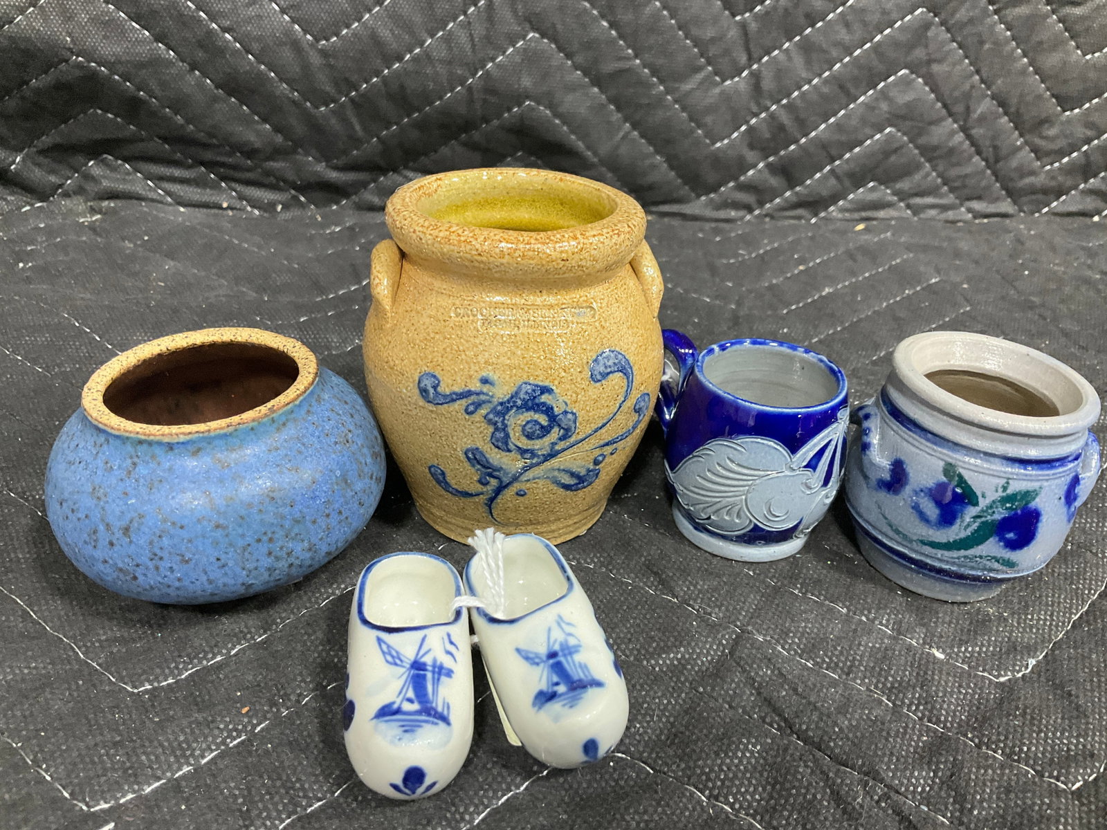 Vintage yellow stoneware crock, delft blue ceramic shoes, and more: Vintage yellow stoneware crock, delft blue ceramic shoes, and more