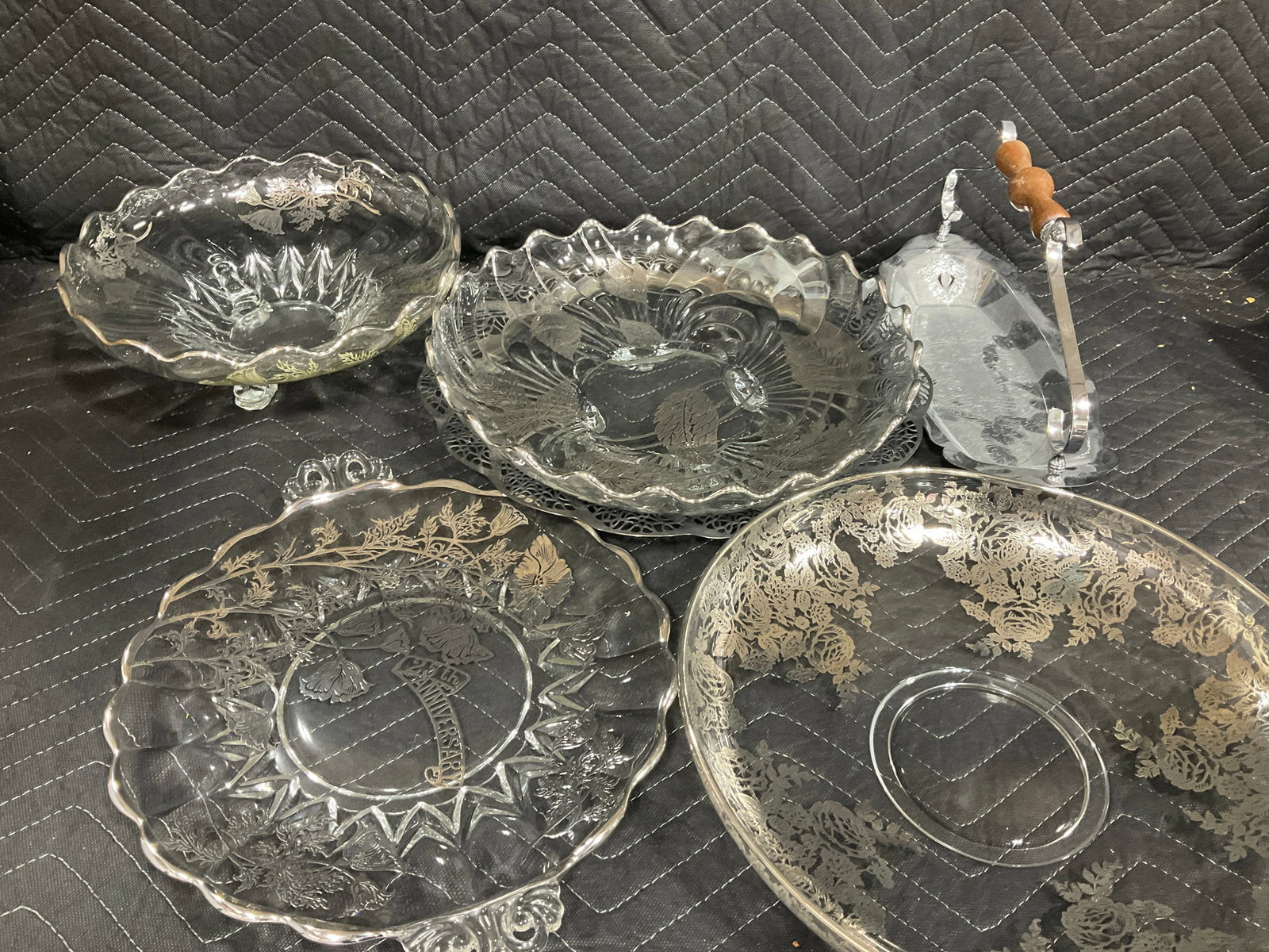 Glass Bowls, and Plates with Silver Overlay (Longest - 12.5in): Glass Bowls, and Plates with Silver Overlay (Longest - 12.5in)