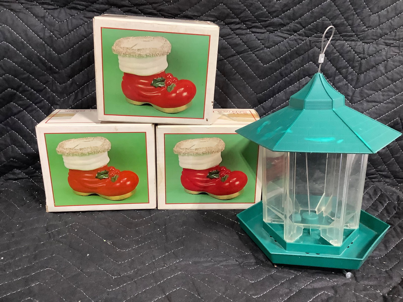 Vintage ceramic santa claus boot piggy banks and birdhouse feeder (1 of 1)