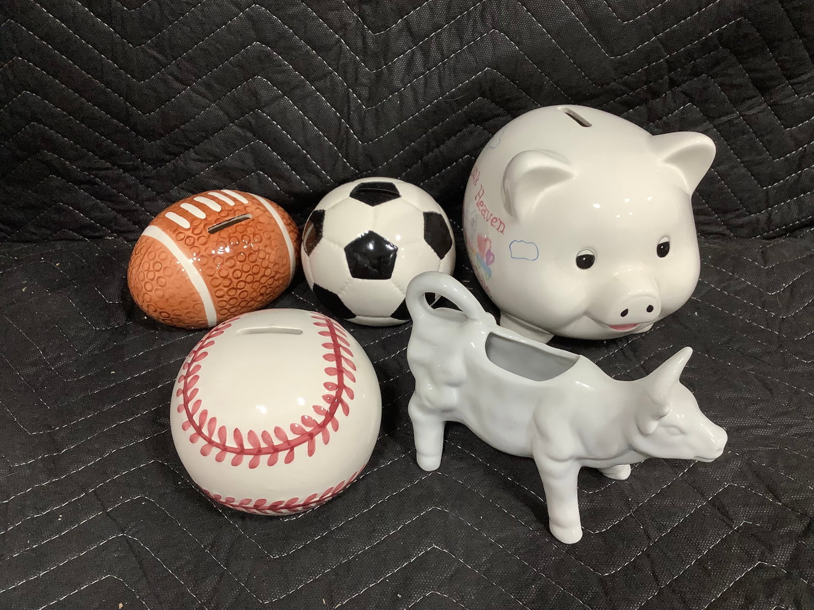 Vintage white porcelain cow creamer and various banks(6in tallest) (1 of 1)