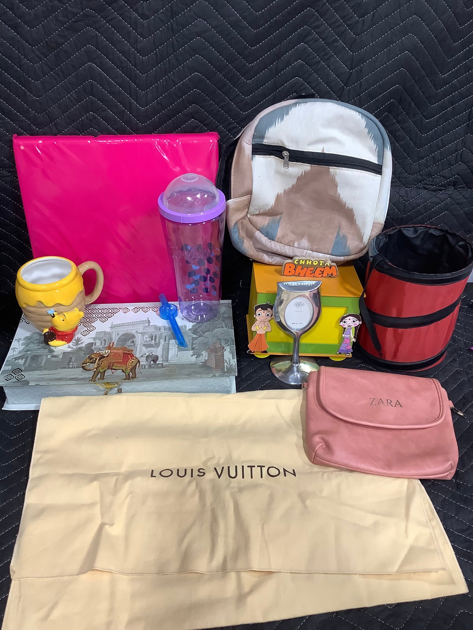 Barbie water bottle/straw, Louis Vuitton dust cover bag, Zara handbag, and more (1 of 1)