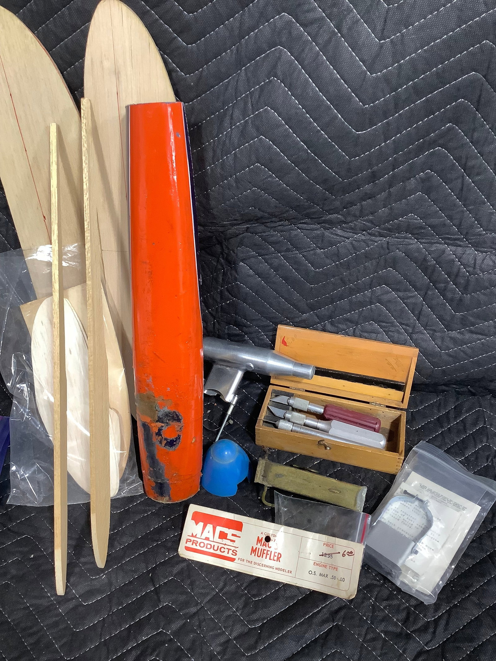 Model plane parts(muflers, tank, wing, vintage Xacto box,etc.): Model plane parts(muflers, tank, wing, vintage Xacto box,etc.)