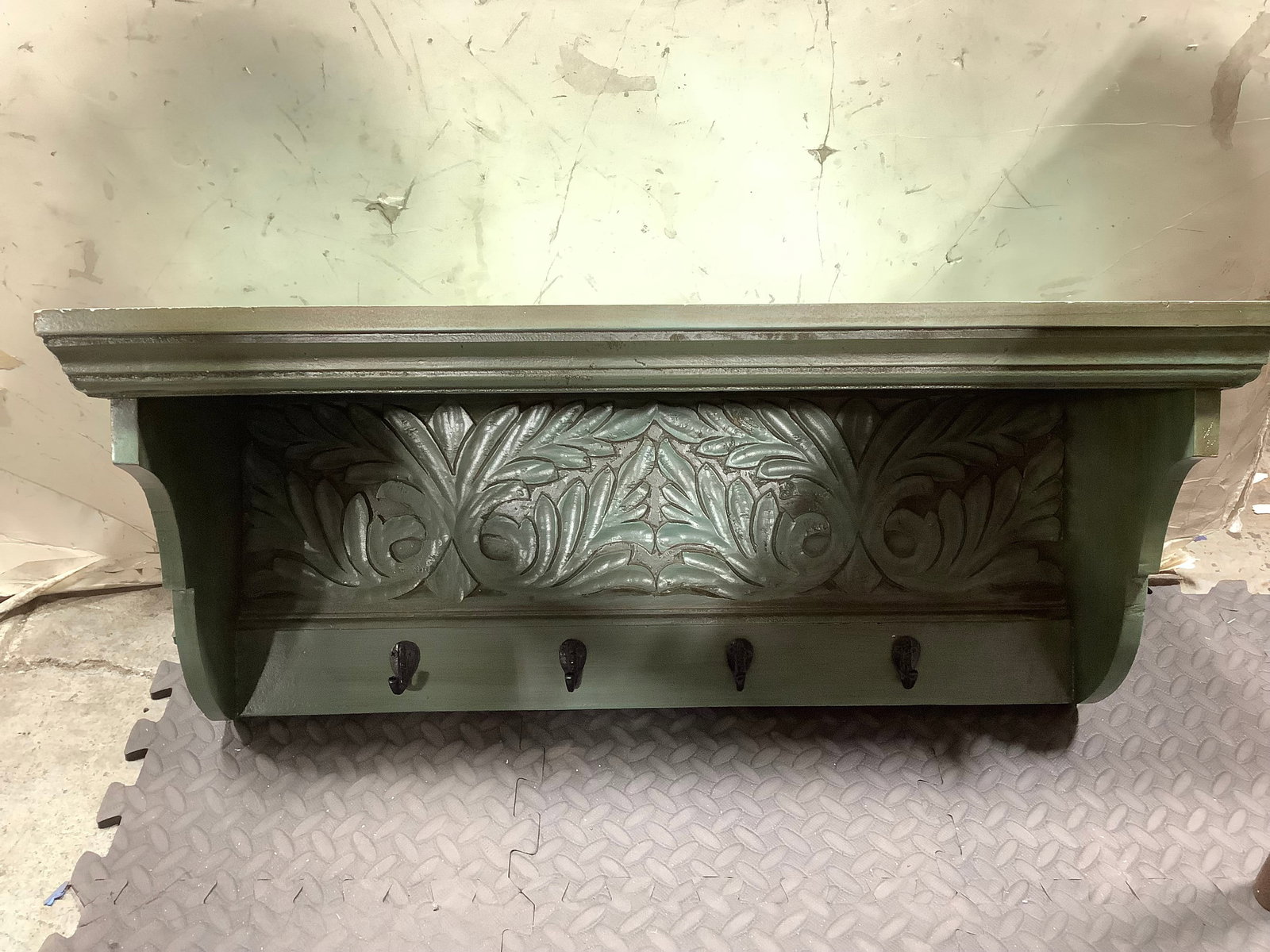 Hand carved wooden wall shelf with hooks(30inx10inx11.5in) (1 of 1)