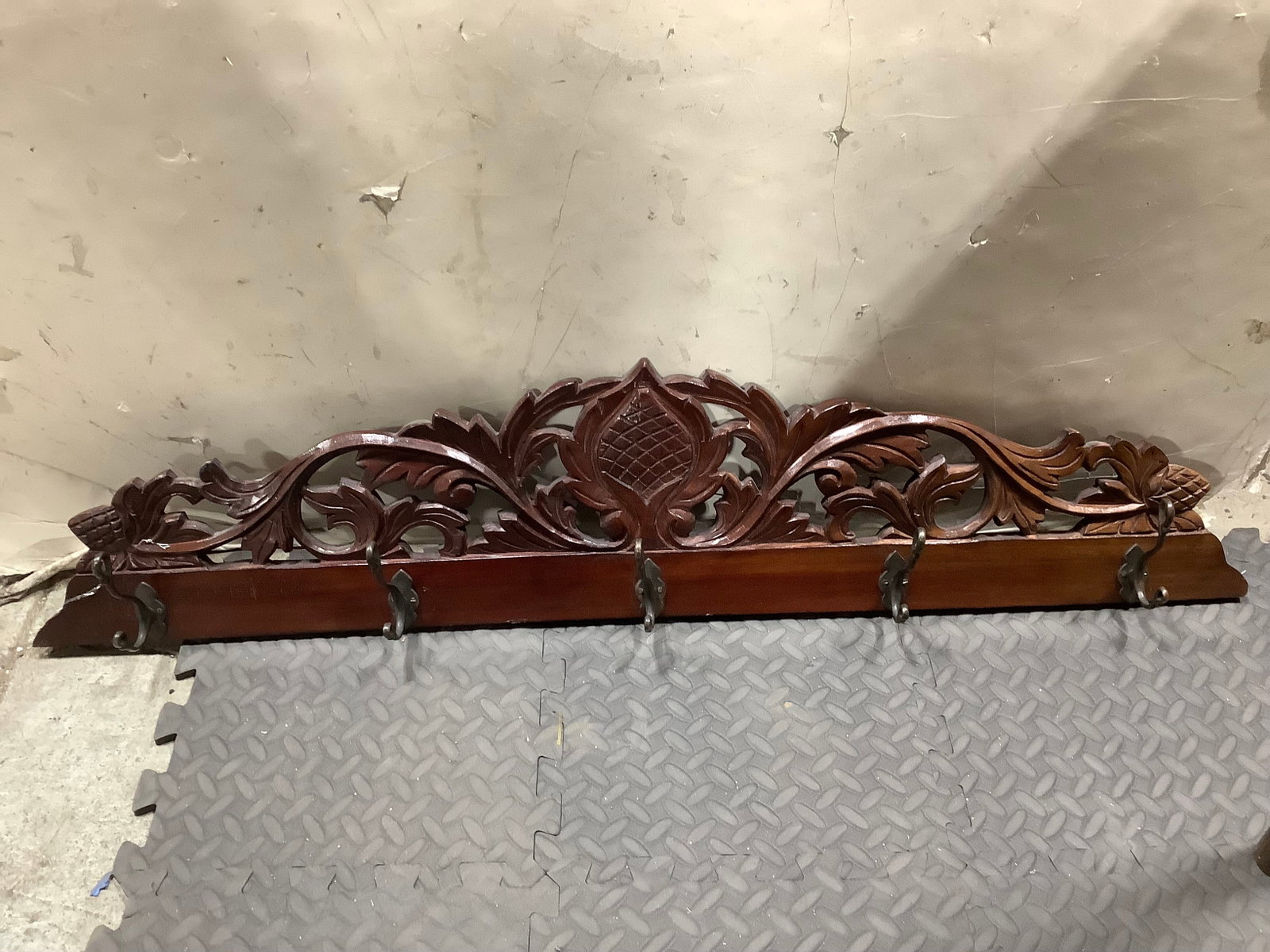 Hand carved wooden wall shelf with hooks(41in long) (1 of 1)