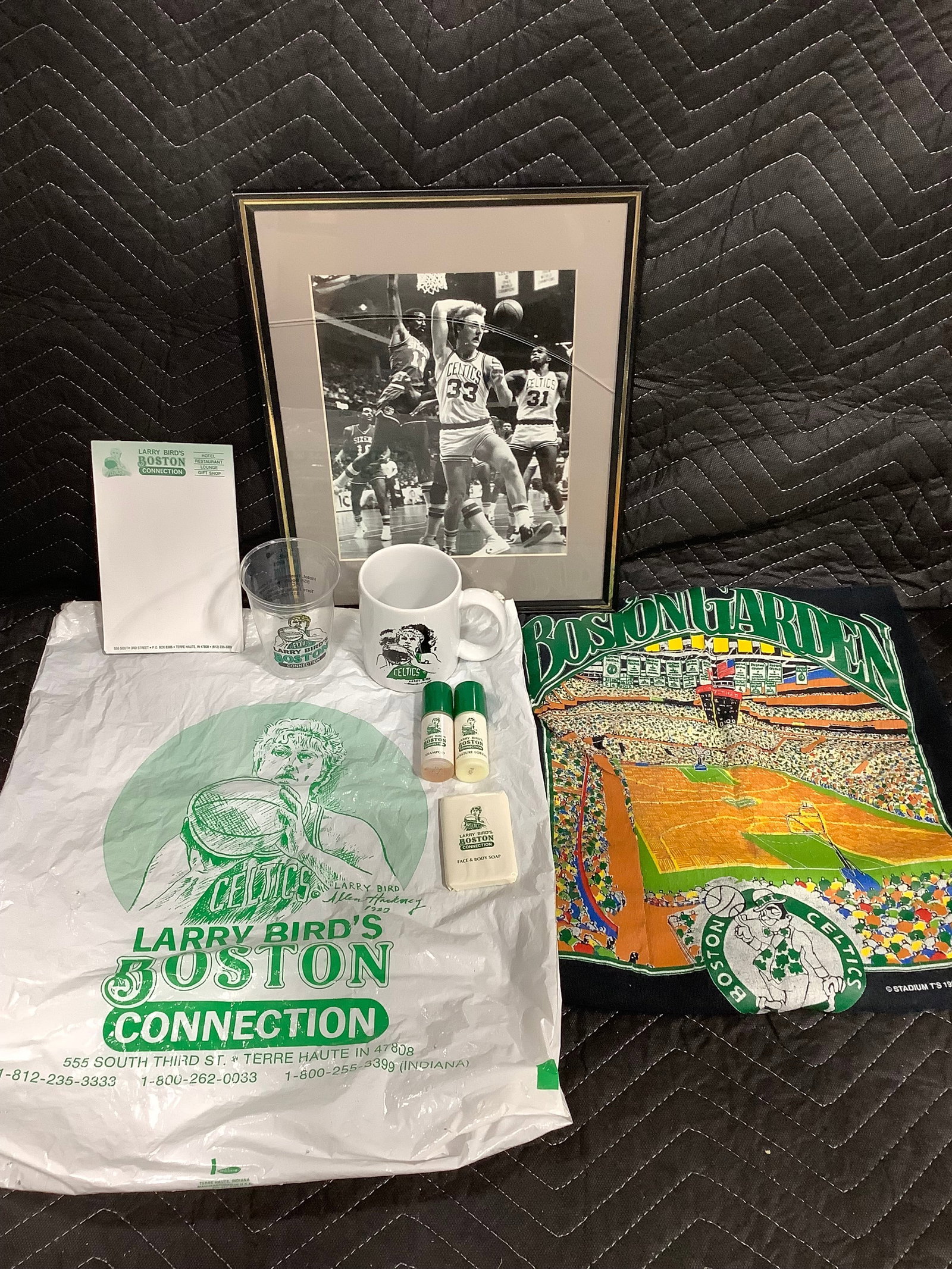 Boston Garden 1990 NBA shirt(M), framed Celtics print(11inx14in-crack across frame), and more: Boston Garden 1990 NBA shirt(M), framed Celtics print(11inx14in-crack across frame), and more