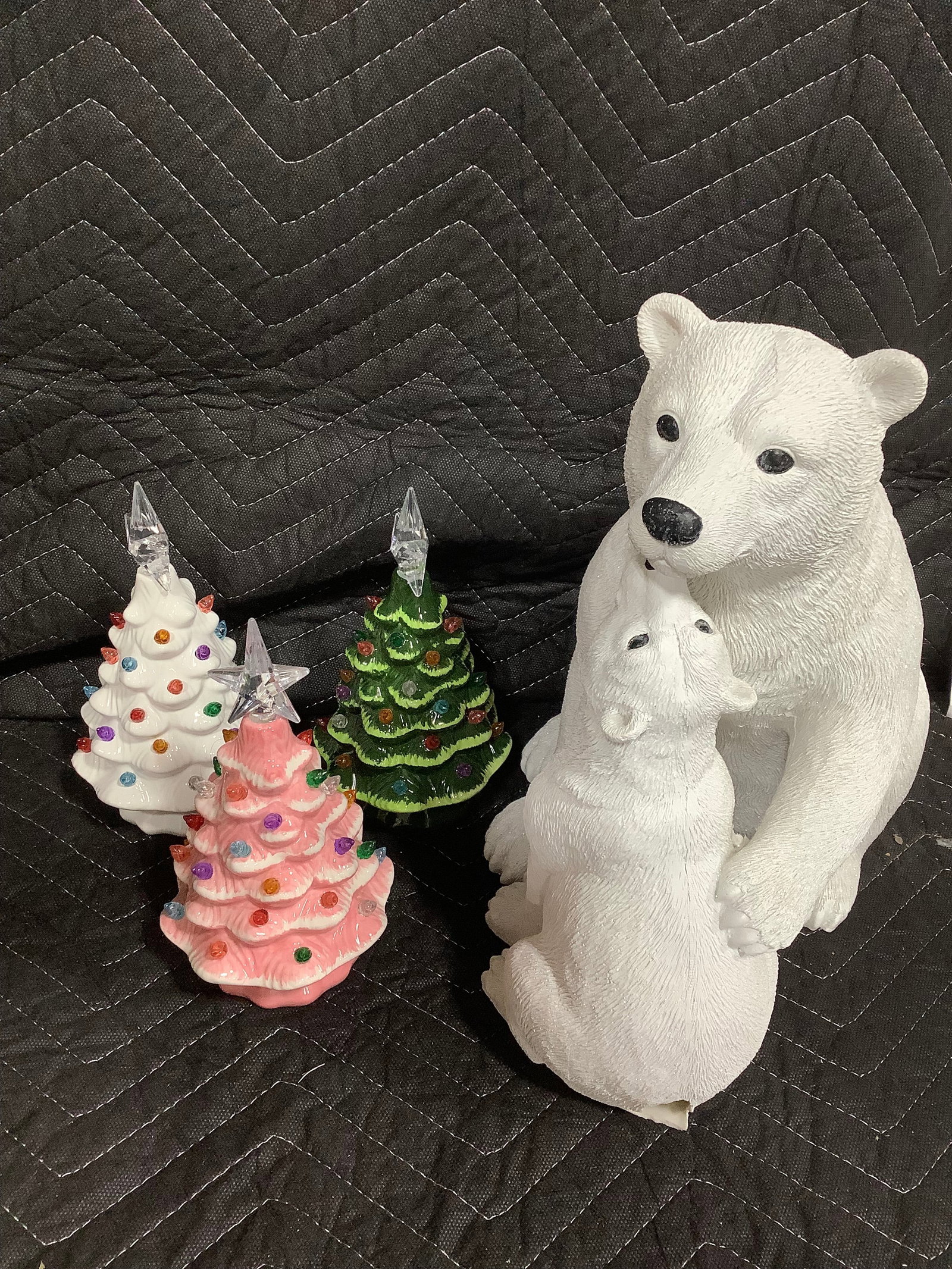 Polar bear statue(12in tall, hole on bottom) and ceramic christmas trees: Polar bear statue(12in tall, hole on bottom) and ceramic christmas trees