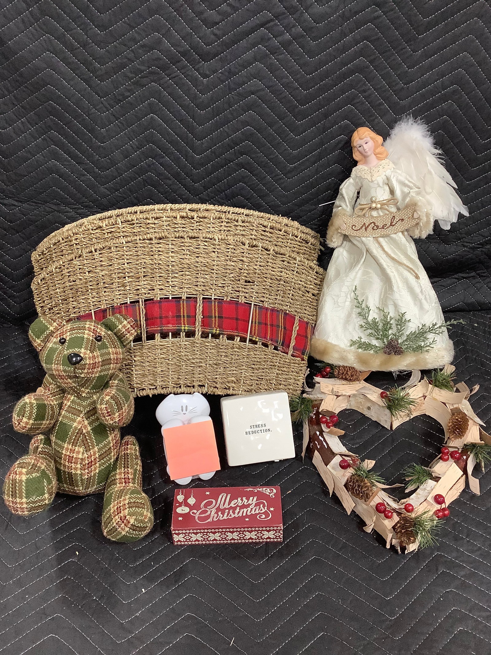 House decor lot(wreath, Noel angelic doll, plaid teddy, and more): House decor lot(wreath, Noel angelic doll, plaid teddy, and more)
