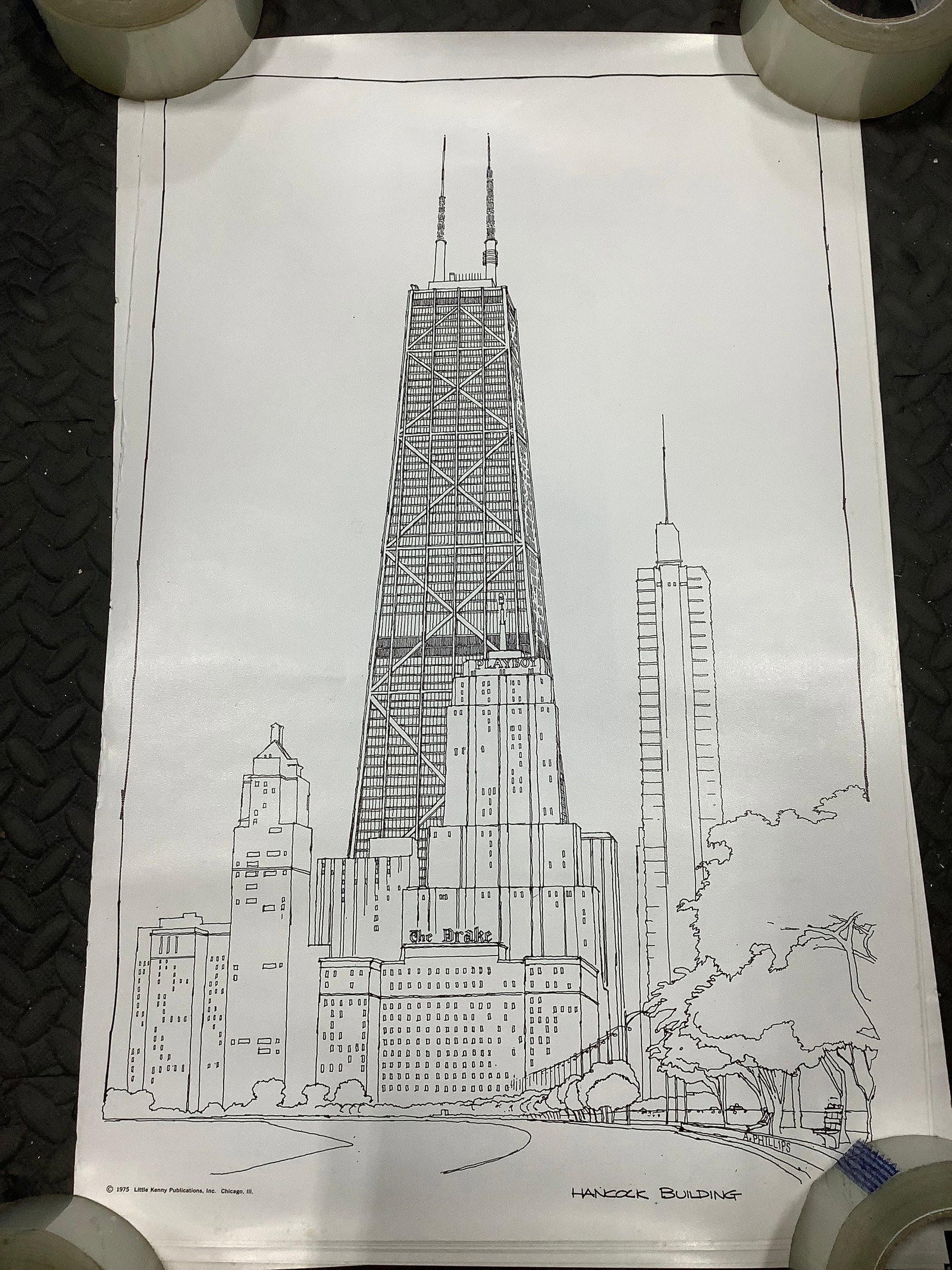 1975 Hancock Building poster drawing signed A. Phillips Little Kenny Publications(14.5inx23in) (1 of 1)