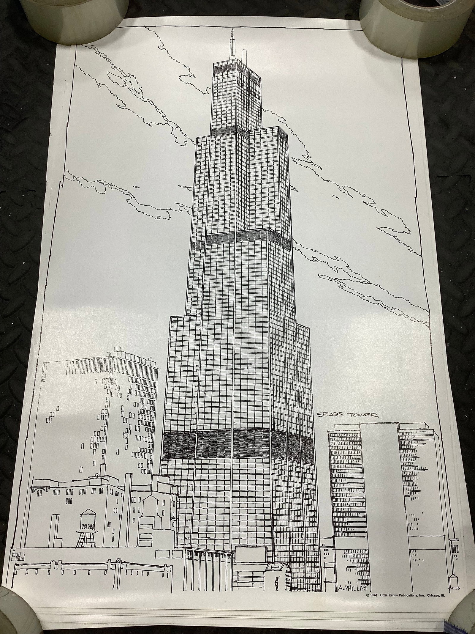 1975 Sears Tower poster drawing signed A. Phillips Little Kenny Publications(14.5inx23in) (1 of 1)