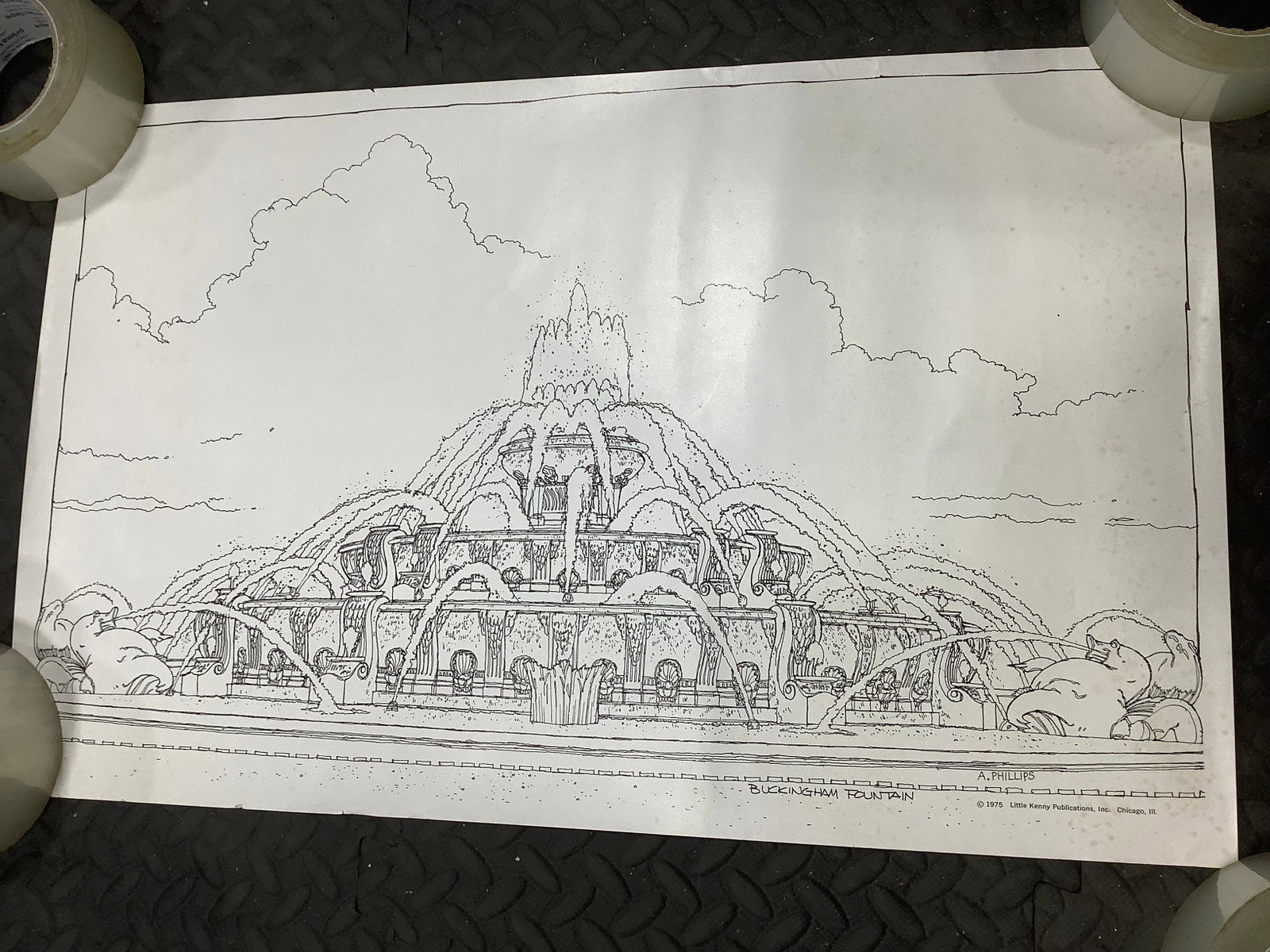 1975 Buckingham Fountain poster drawing signed A. Phillips Little Kenny Publications(14.5inx23in) (1 of 1)