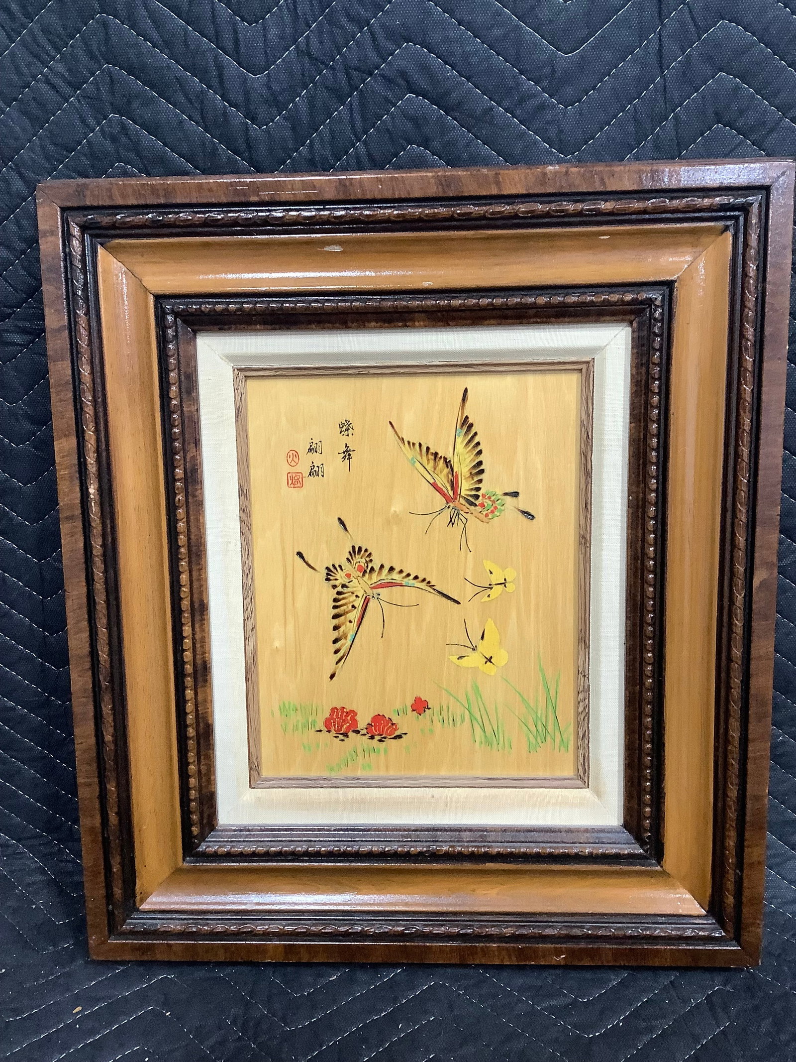 Vintage framed butterflies and bamboo painting(16inx18in): Vintage framed butterflies and bamboo painting(16inx18in)