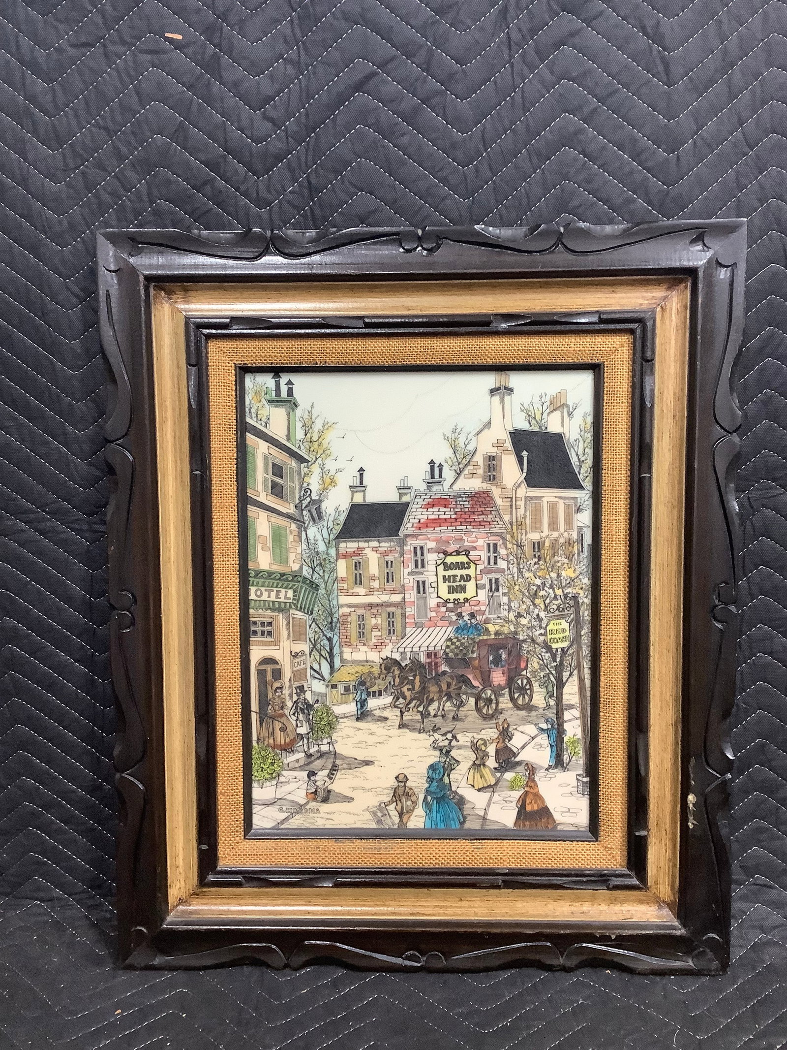 Vintage hand painted etching of Victorian street scene(20.5inx24.5in) (1 of 1)