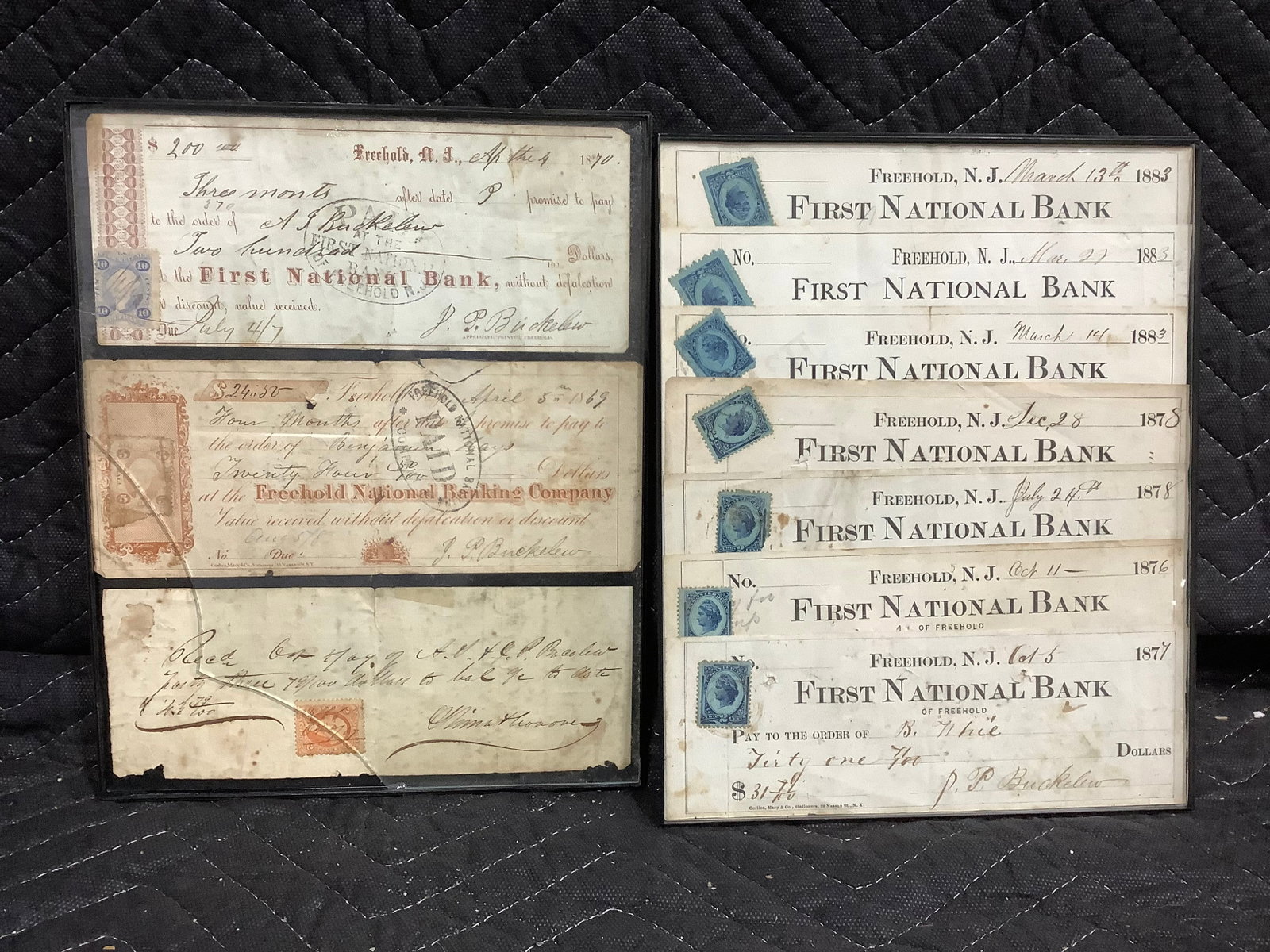 Framed Vintage First National Bank Checks *one frame cracked*: Framed Vintage First National Bank Checks *one frame cracked*