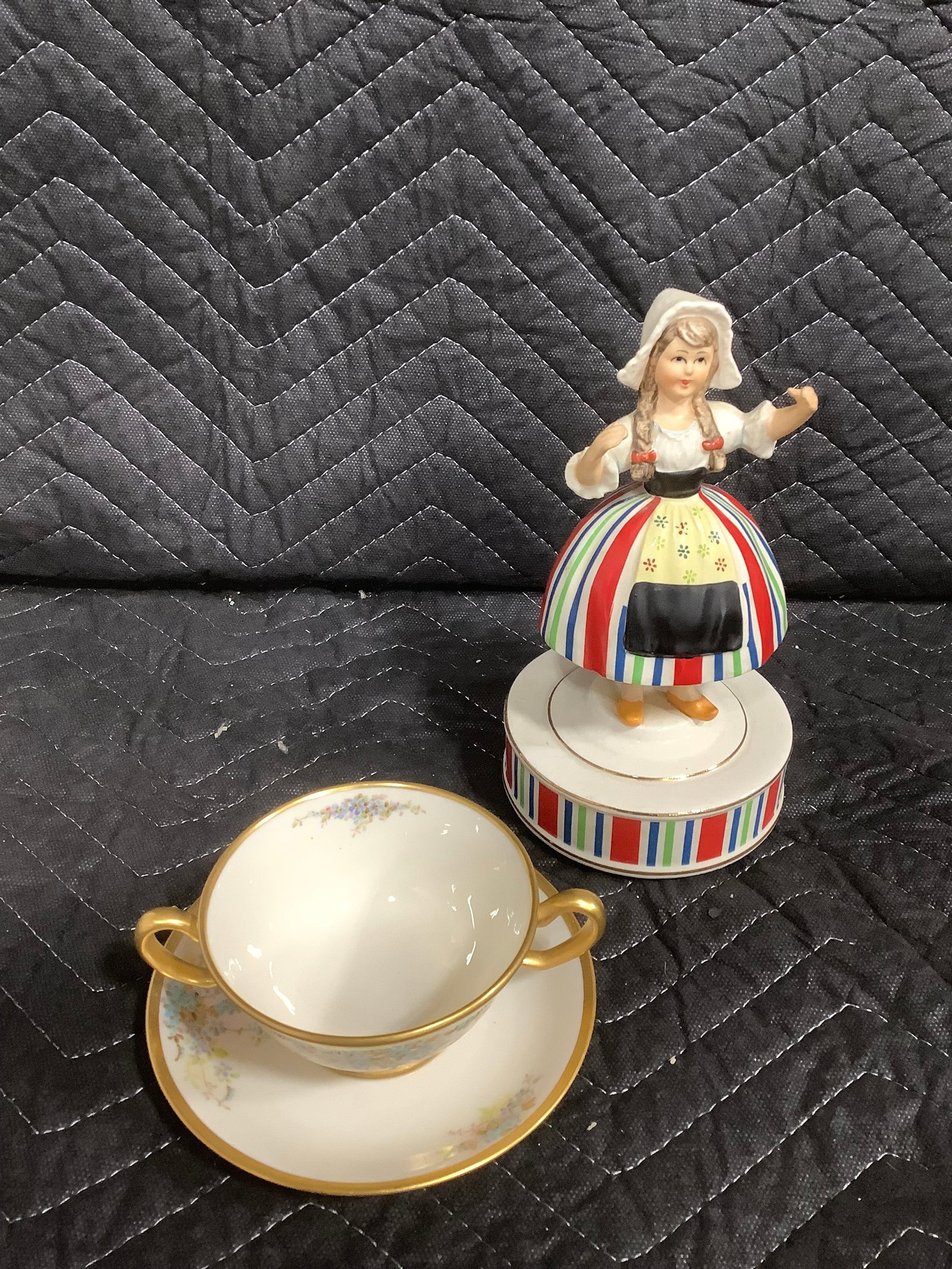 Schmid porcelain dutch girl music box figurine(8.5in tall) and Belleek teacup with plate (1 of 1)