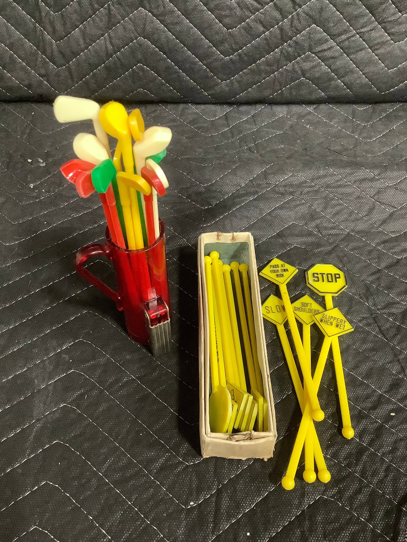 2 Sets vintage cocktail stirrers, golf clubs in bag with opener, and set of road hazard sticks in (1 of 1)