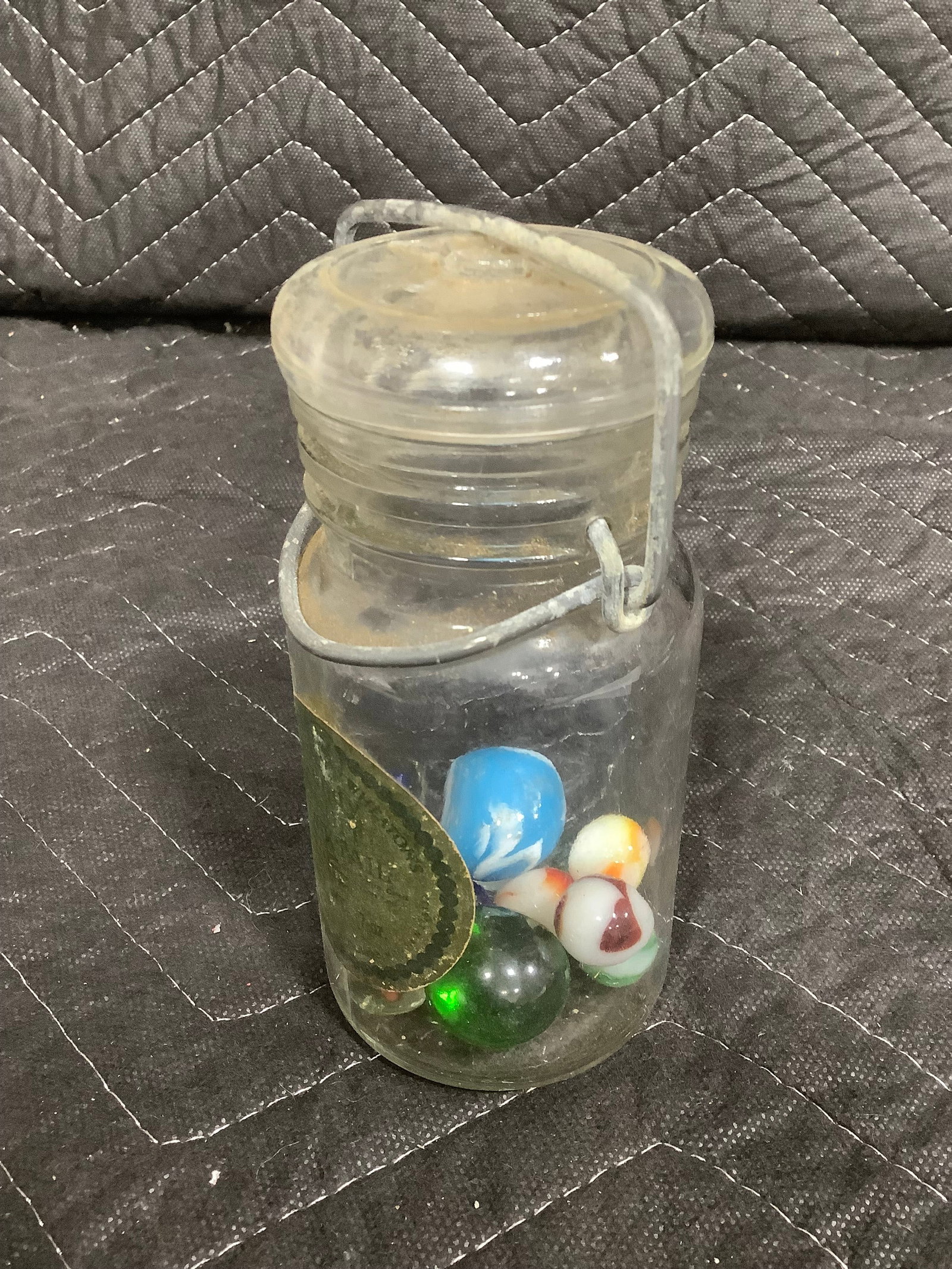 Antique Grandma Wheaton Candy fruit cocktail jar with marbles (1 of 1)