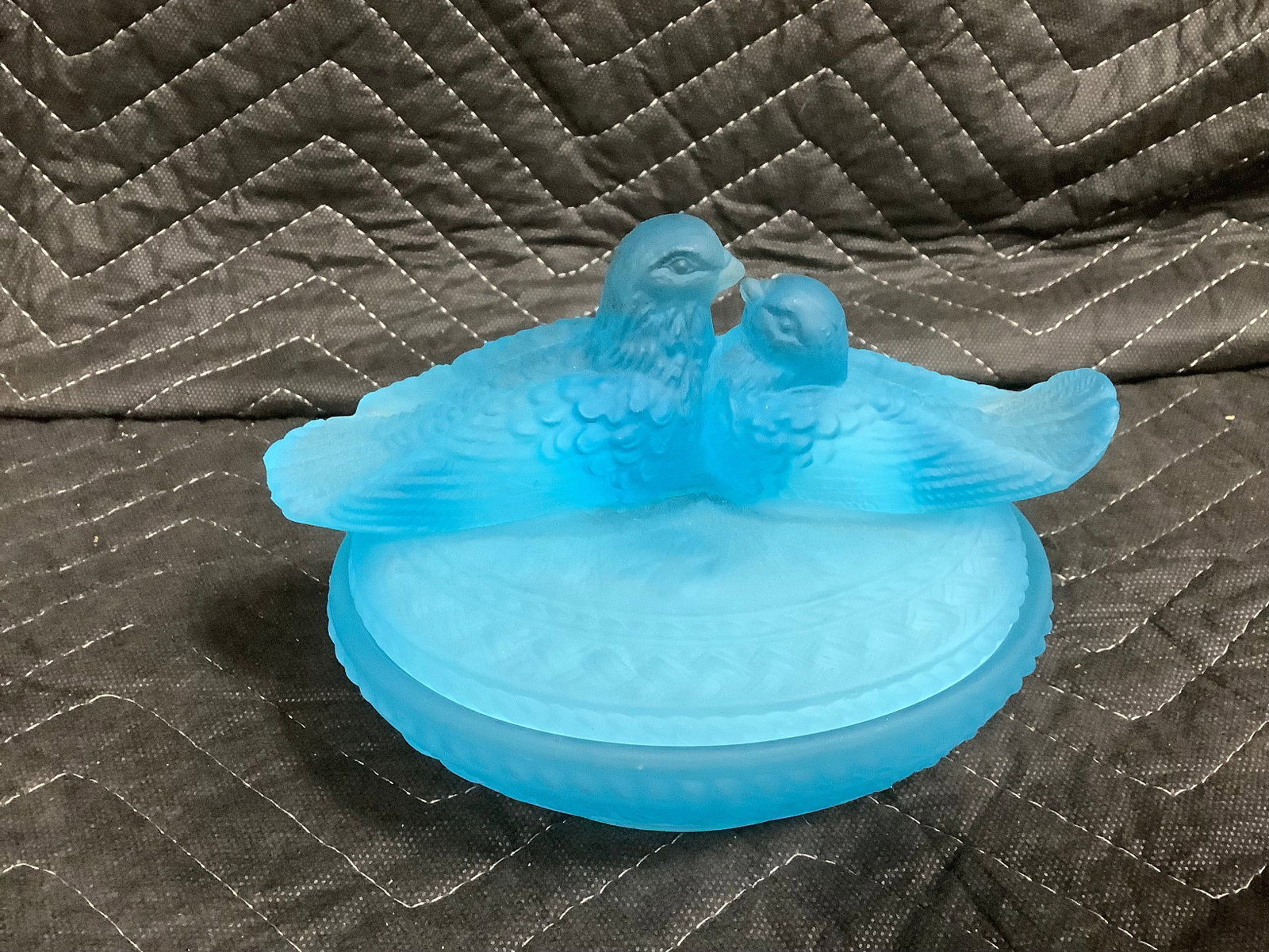 Blue Satin Glass kissing doves covered candy dish(5in tall) (1 of 1)
