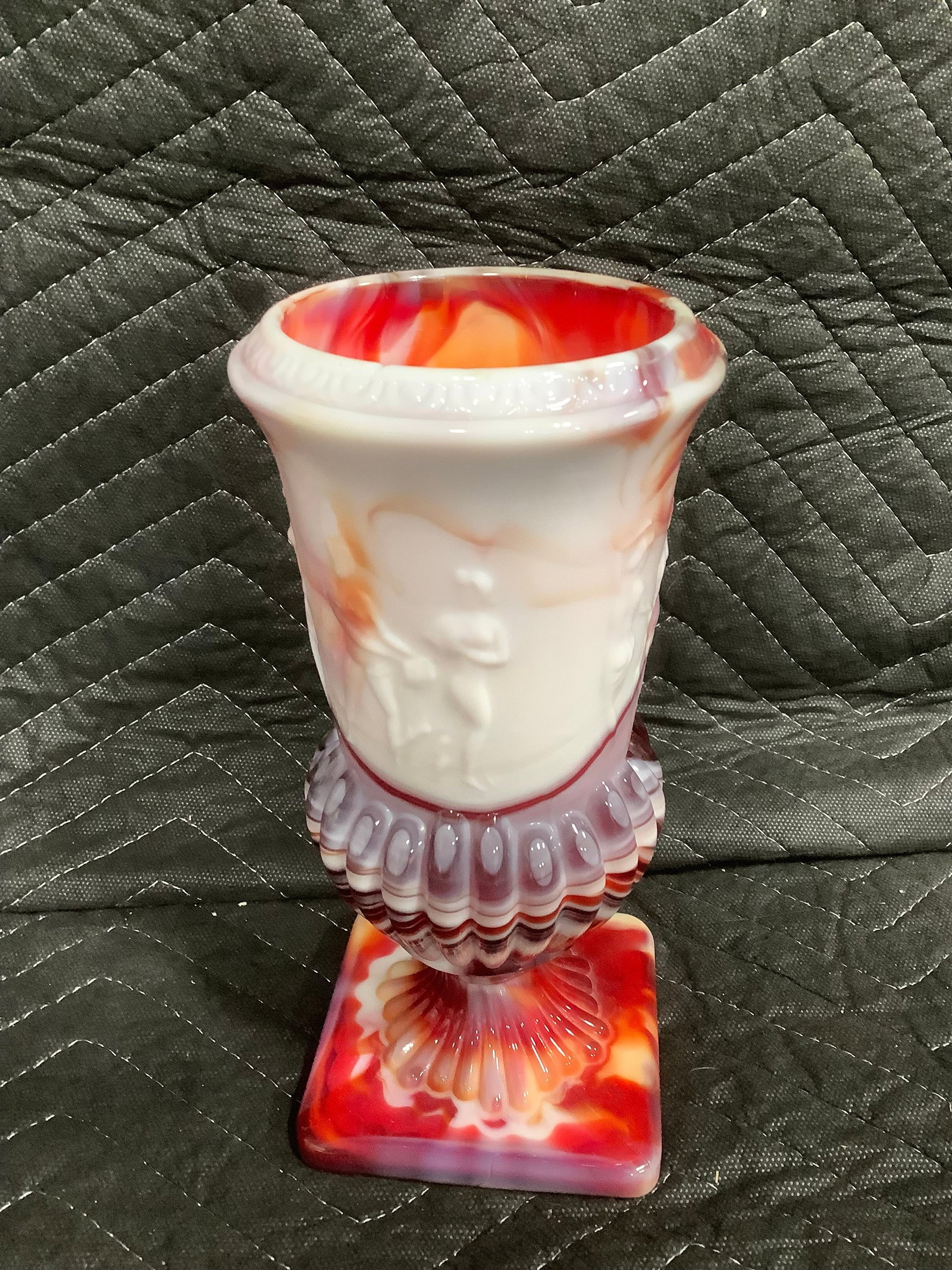 Vintage Imperial Glass red and white slag glass footed vase(8.5in tall) (1 of 1)