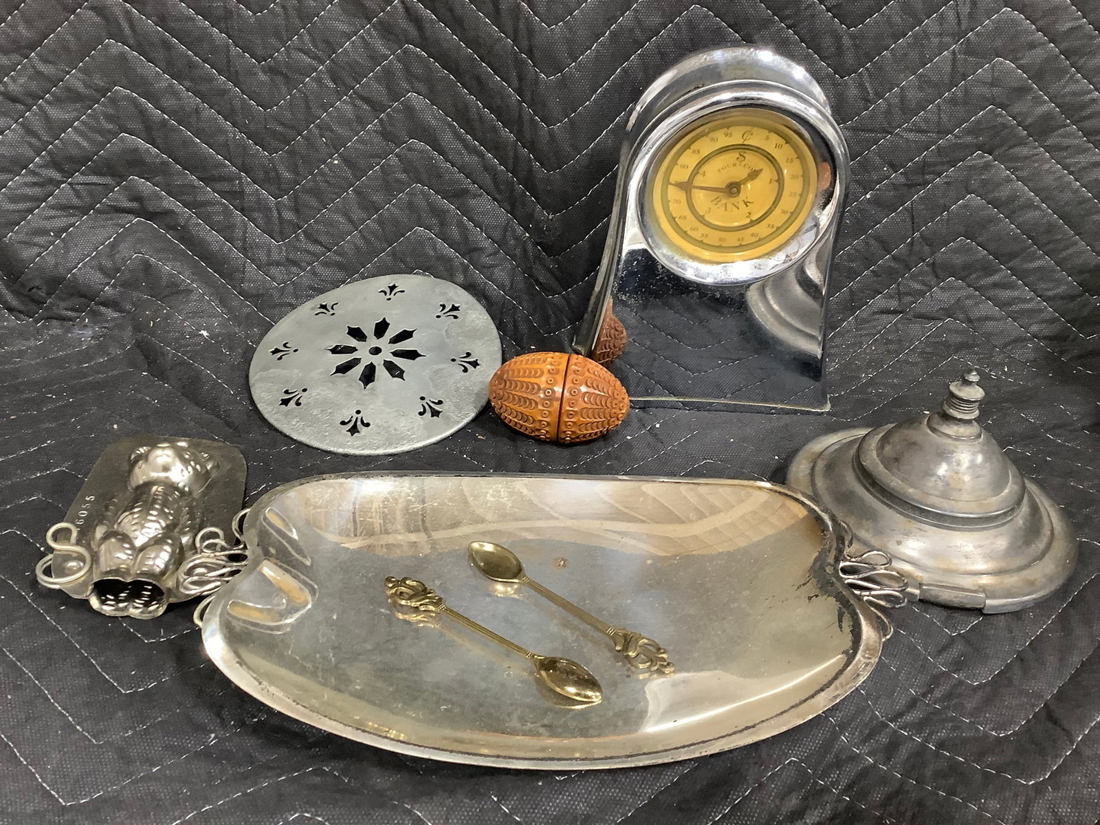 Metal Serving Tray, Vintage Bank, Utencils, and more (Tallest - 7.5in): Metal Serving Tray, Vintage Bank, Utencils, and more (Tallest - 7.5in)