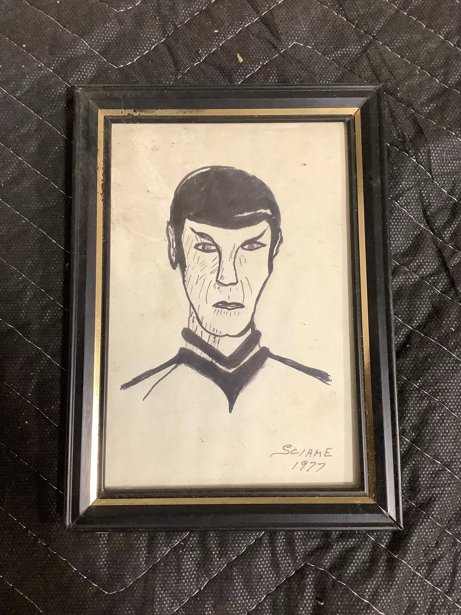 Framed 1977 Spock Star Trek ink sketch(5inx7in): Framed 1977 Spock Star Trek ink sketch(5inx7in)