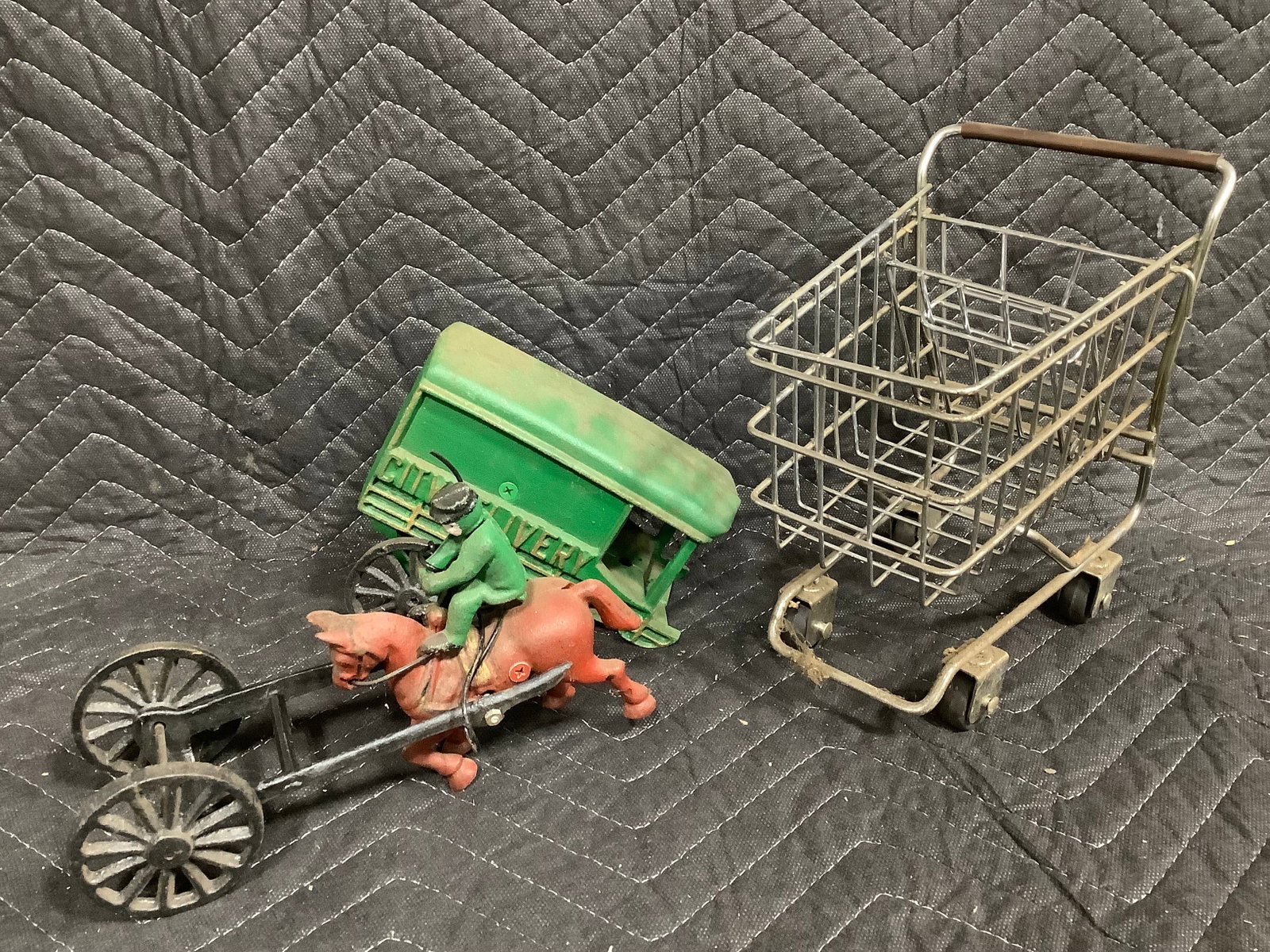 Vintage cast iron horse wagon and miniature shopping cart (1 of 1)
