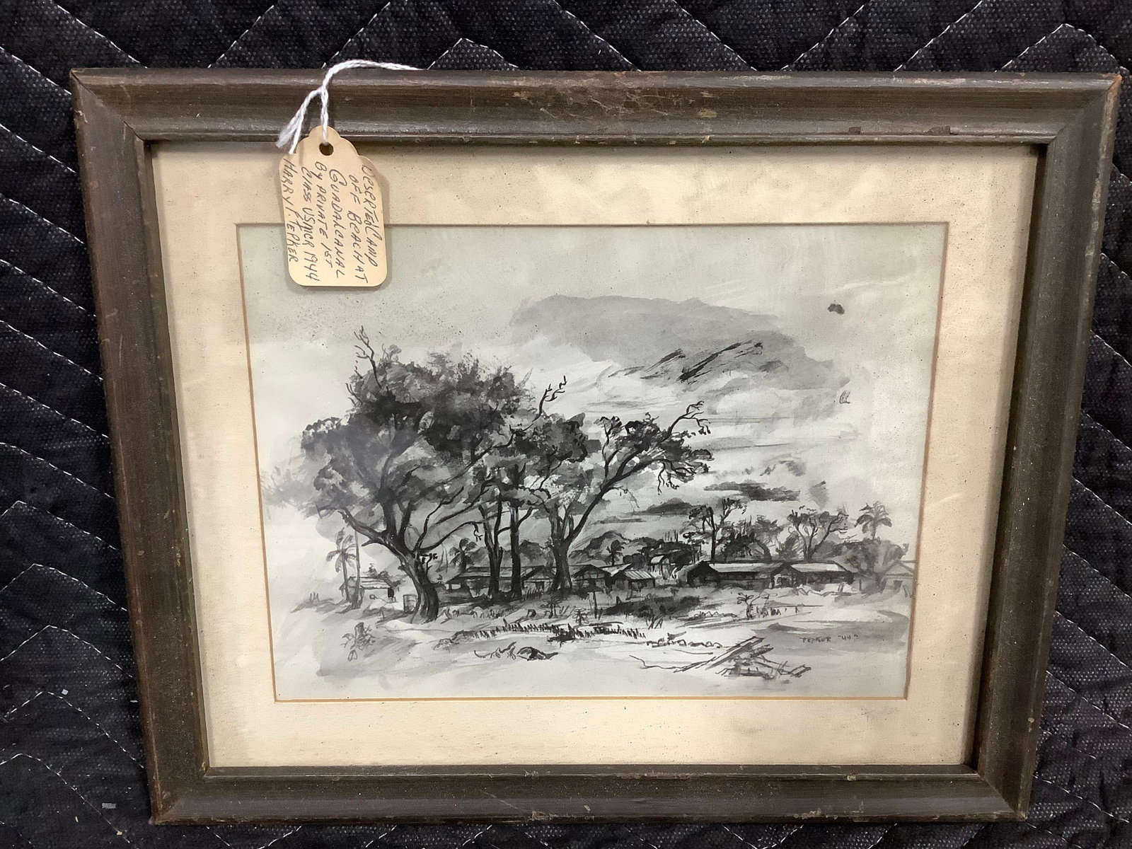 Framed deserted camp off beach at Guadalcanal by private 1st class USMCR atwork(9inx11in) (1 of 1)