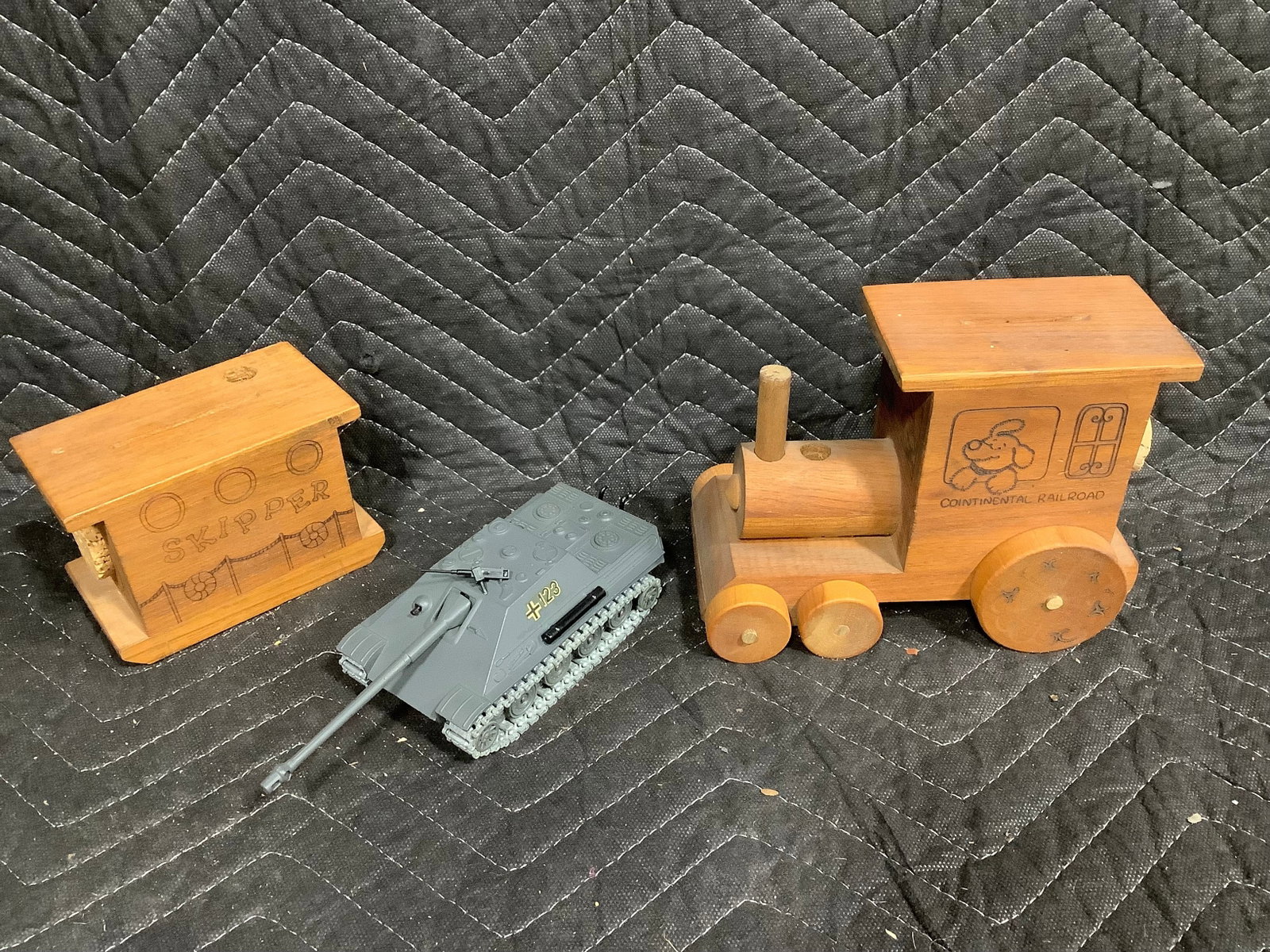Wooden coin bank, vintage tank, and more: Wooden coin bank, vintage tank, and more