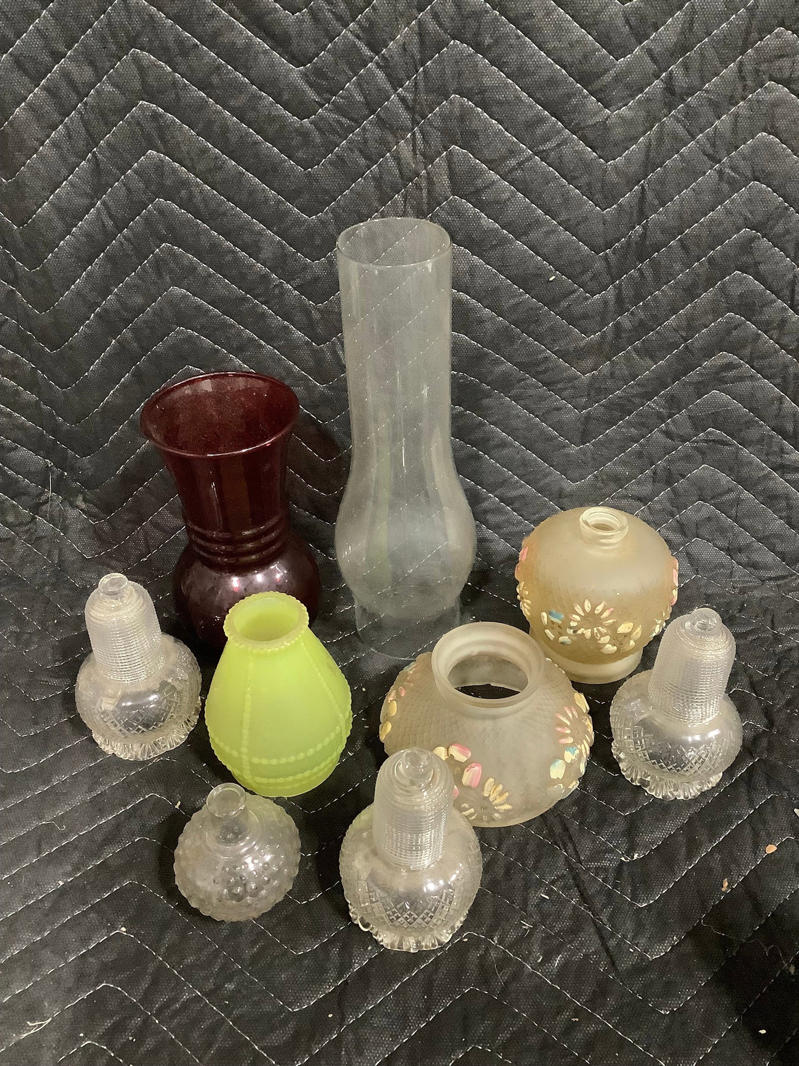 Red glass vase(6.5in tall),lamp chimneys, and more: Red glass vase(6.5in tall),lamp chimneys, and more