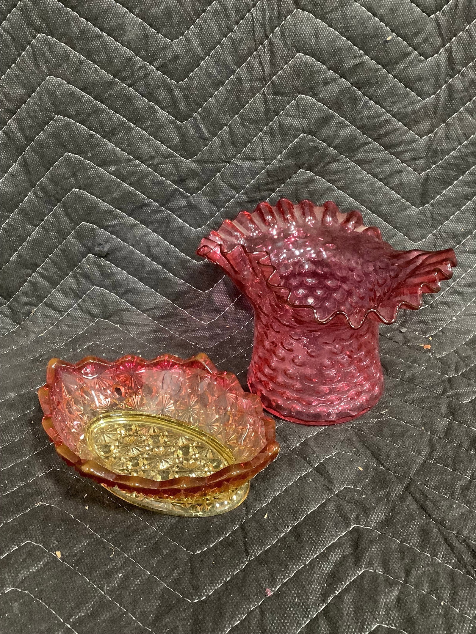 Vintage cranberry glass top hat(4.5in tall) and lotus flower art glass dish (1 of 1)