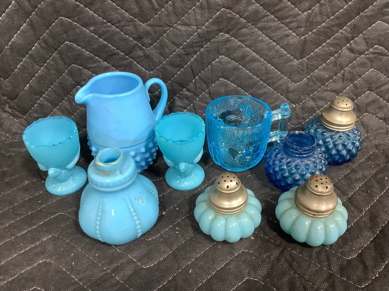 Blue opalescent hobnail glassware and other blue glass(4in tallest) (1 of 1)