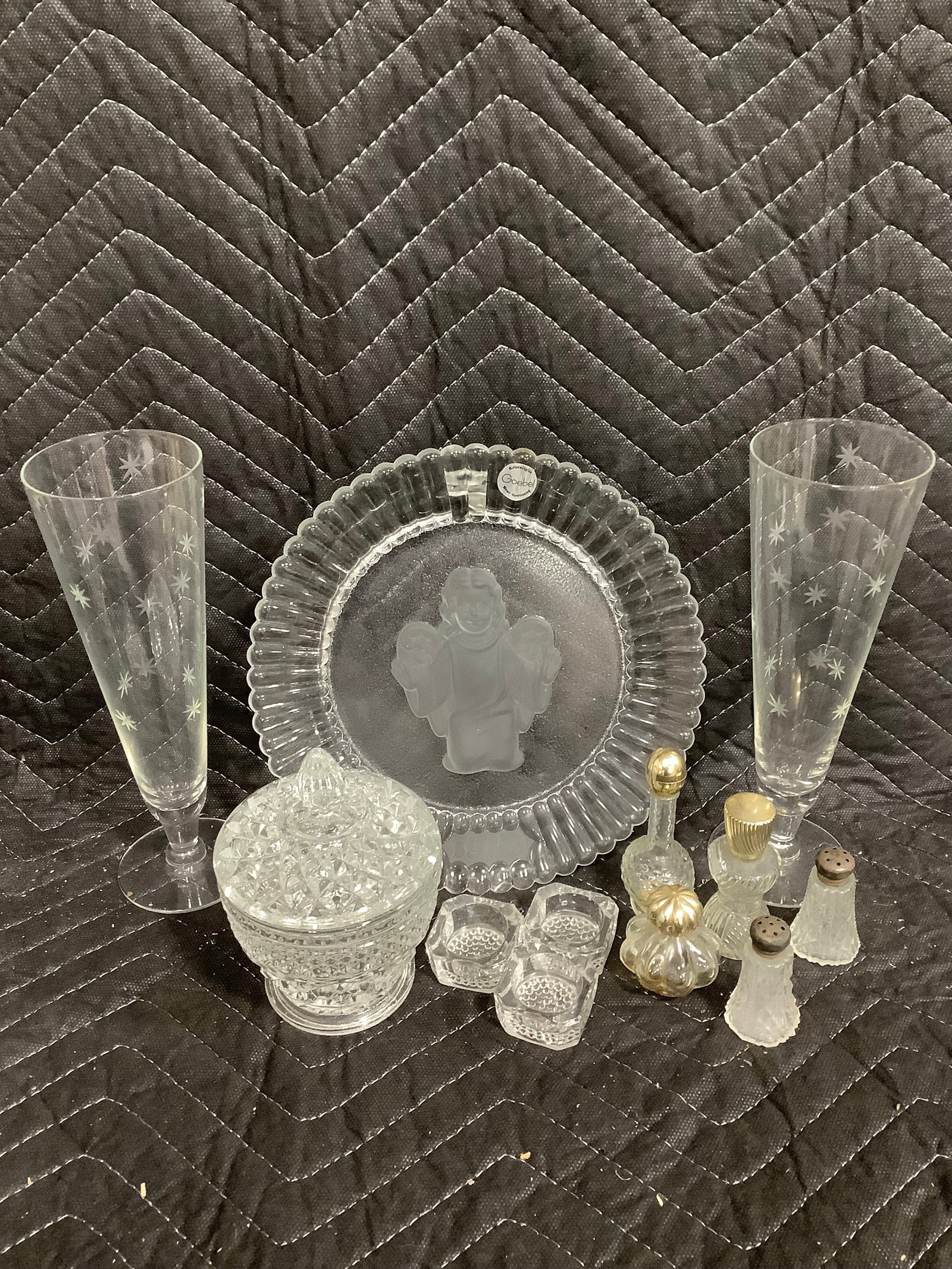 Vintage crystal lidded jar, crystal plate, salt/pepper shakers, and more (1 of 1)