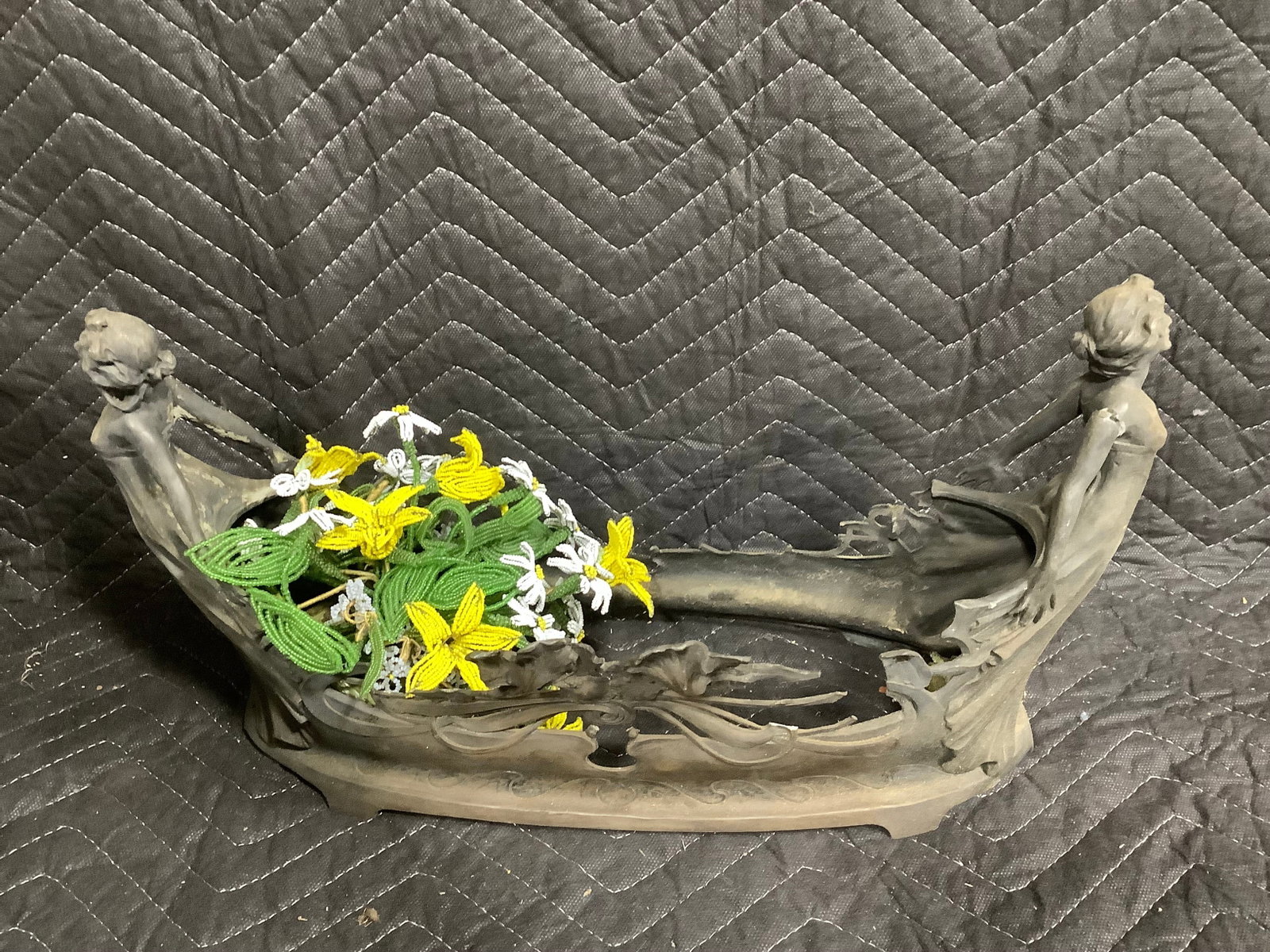 Art nouveau style cast iron bowl(17in long-damaged, arm broken): Art nouveau style cast iron bowl(17in long-damaged, arm broken)