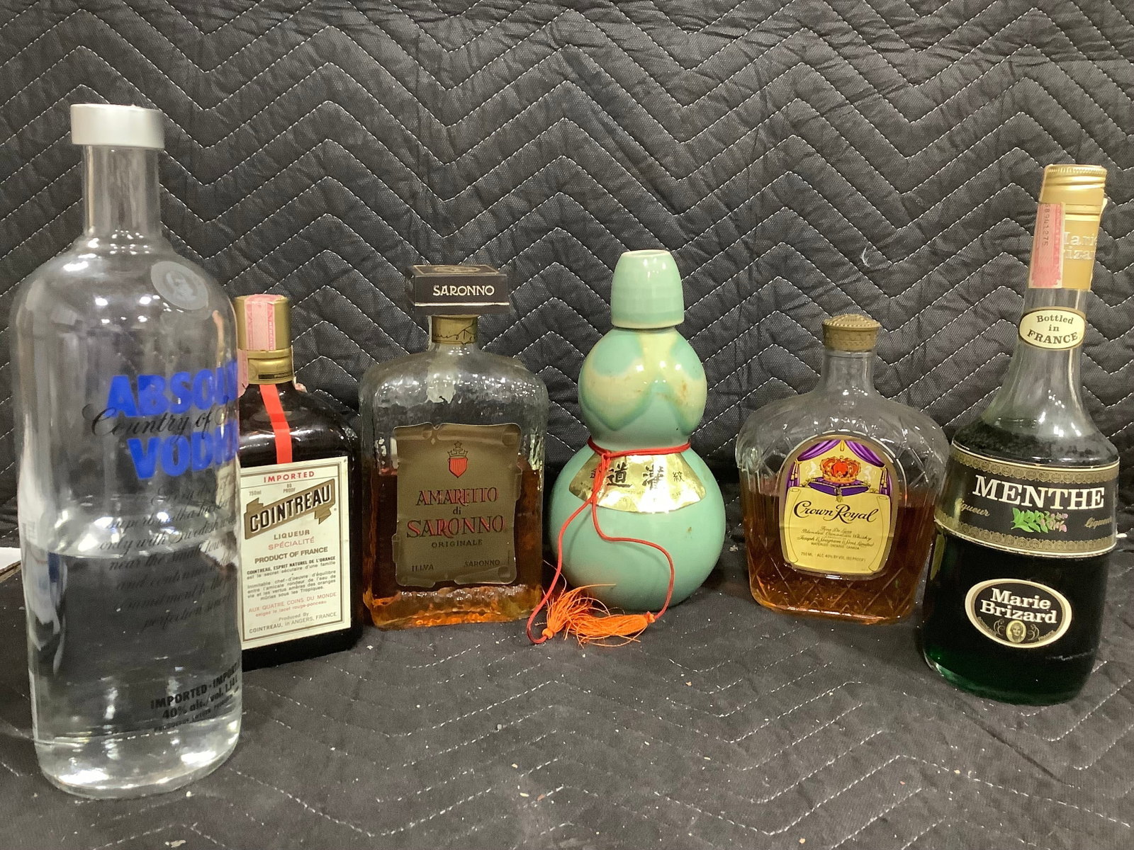 Various Open Liquor Bottles - Crown Royal, Menthe, etc: Various Open Liquor Bottles - Crown Royal, Menthe, etc
