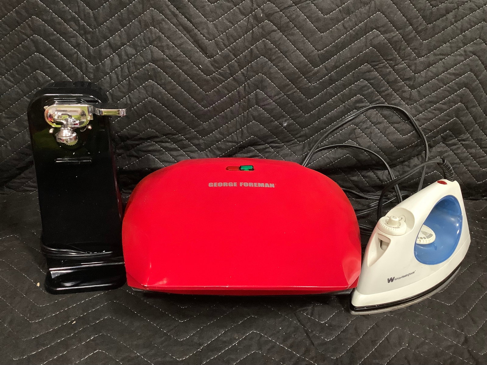 George Foreman Grilll, Iron, and Can Opener: George Foreman Grilll, Iron, and Can Opener