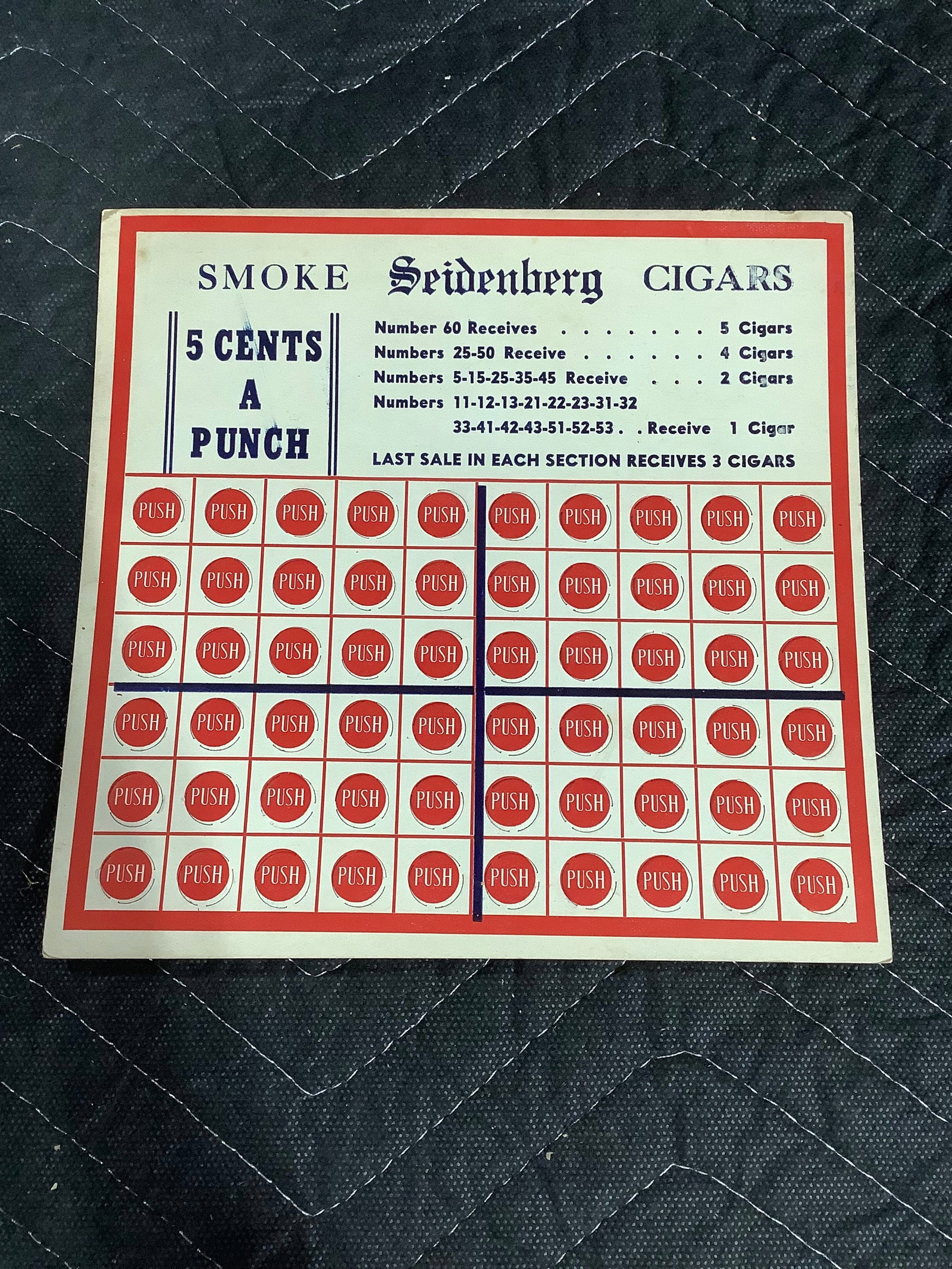 Vintage Seidenberg Cigars trade simulator punch board: Vintage Seidenberg Cigars trade simulator punch board