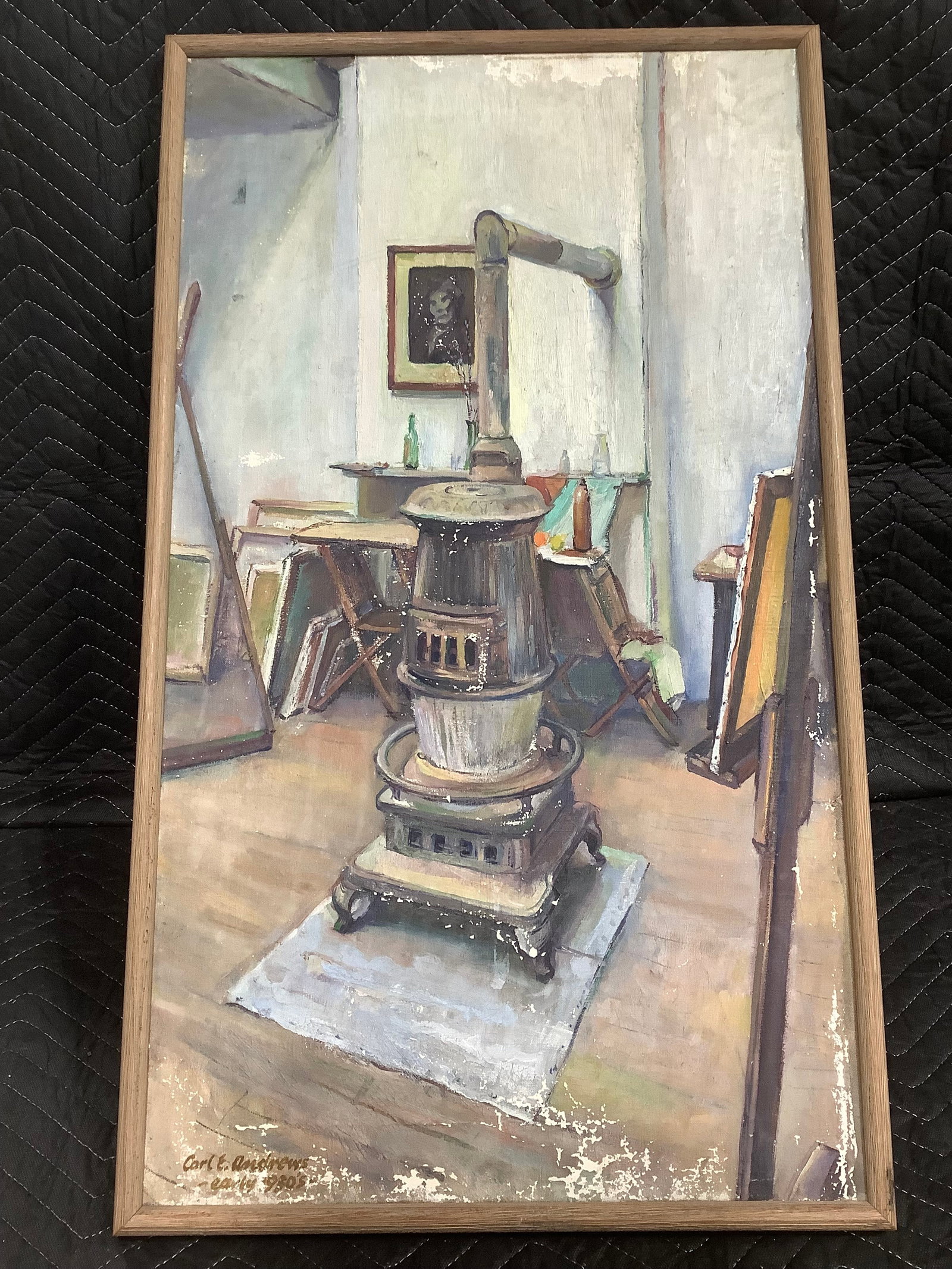 1930s framed oil on canvas painting signed Carl E. Andrews (17inx29in): 1930s framed oil on canvas painting signed Carl E. Andrews (17inx29in)