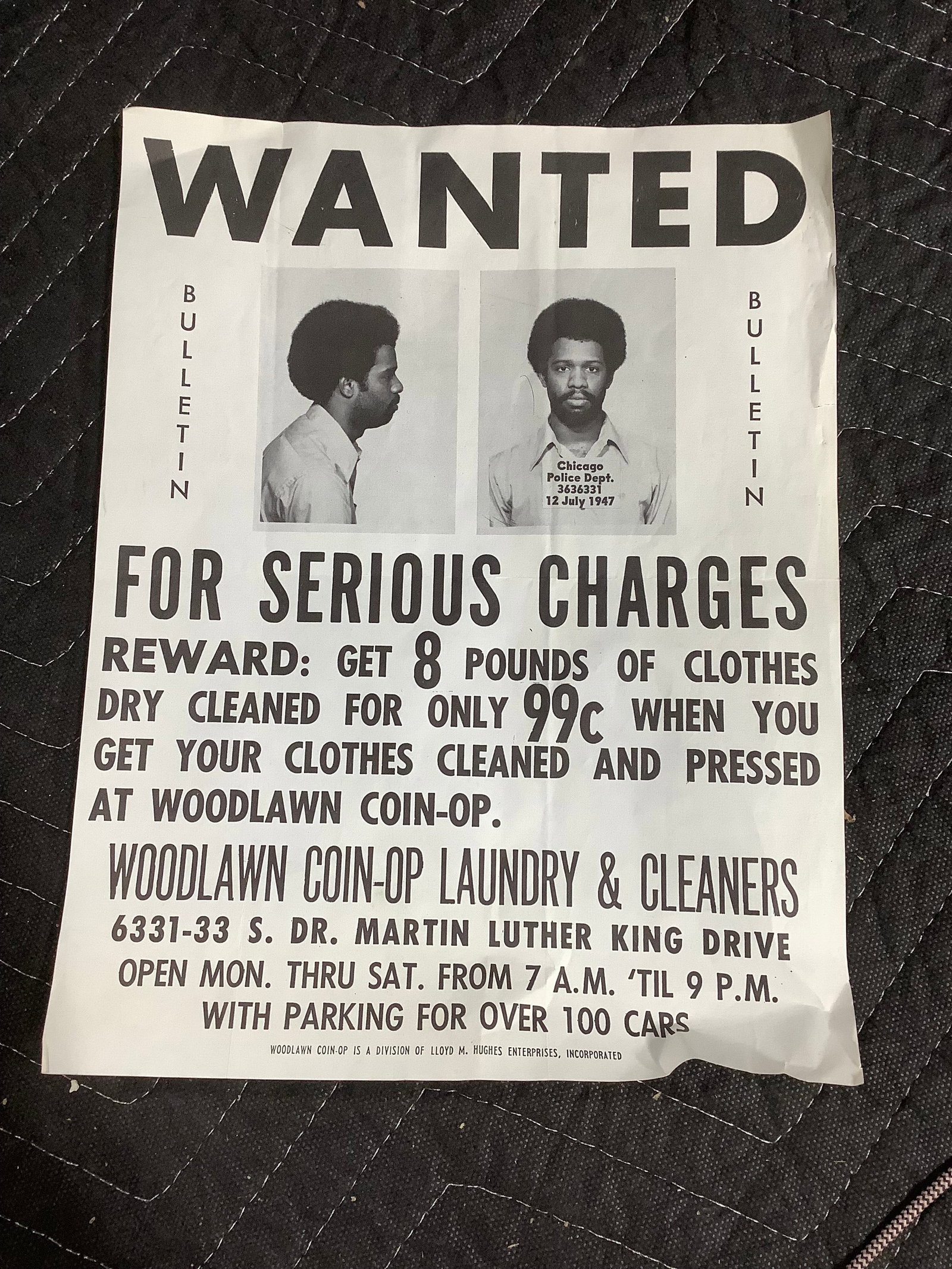 Woodlawn Coin Op Laundry & Cleaners Wanted poster Dr. Martin Luther King Drive (1 of 1)