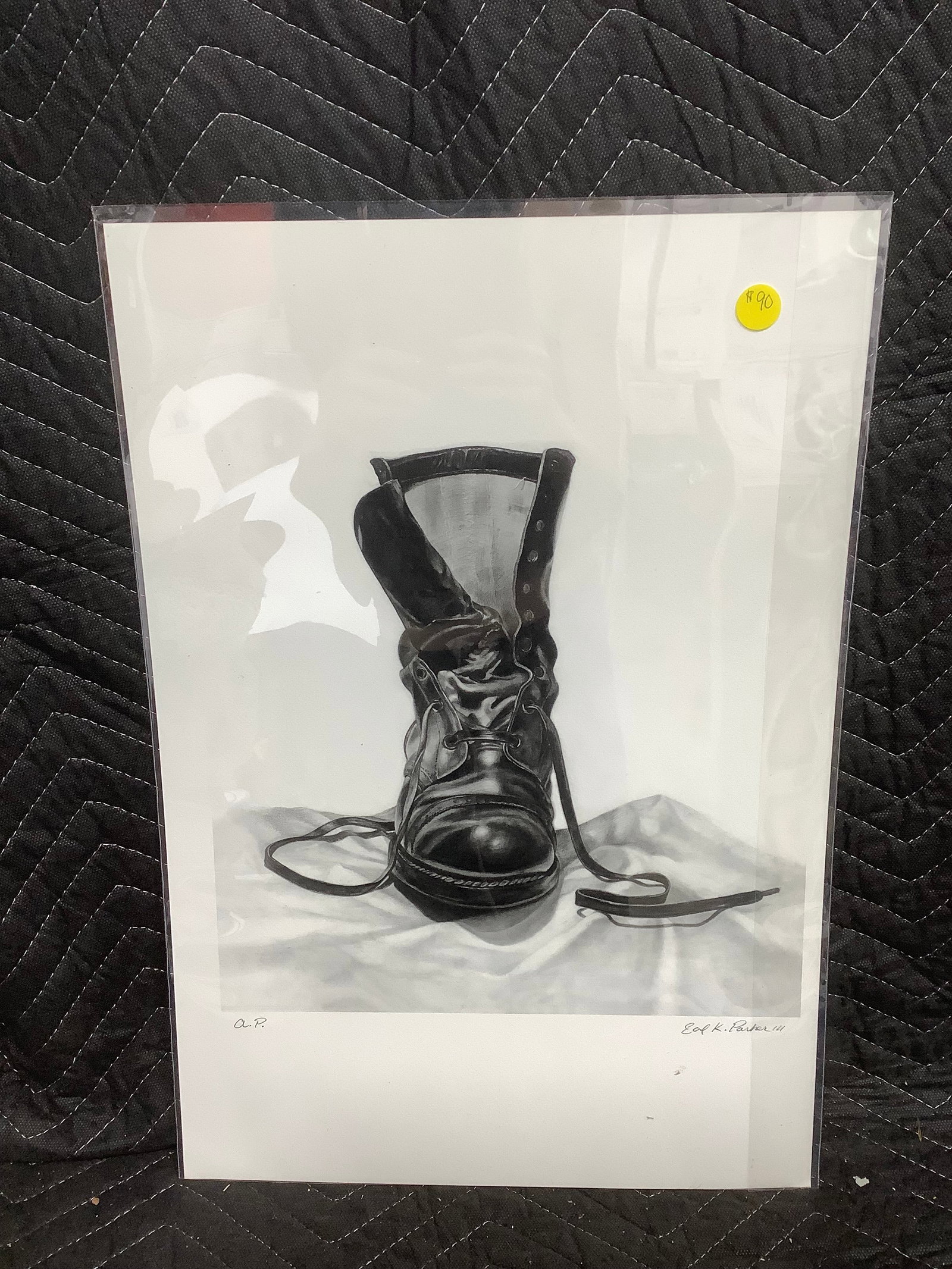 Leather boot signed artwork(13.5inx19.5in): Leather boot signed artwork(13.5inx19.5in)