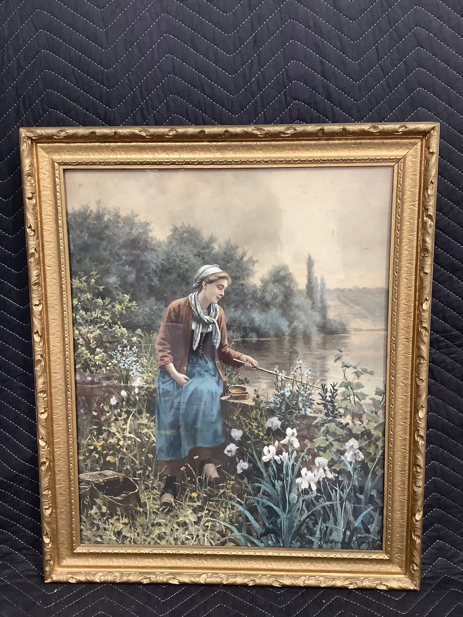 Framed Fishing on a Spring Day print by Daniel Ridgwau Knight(21.5inx26in) (1 of 1)