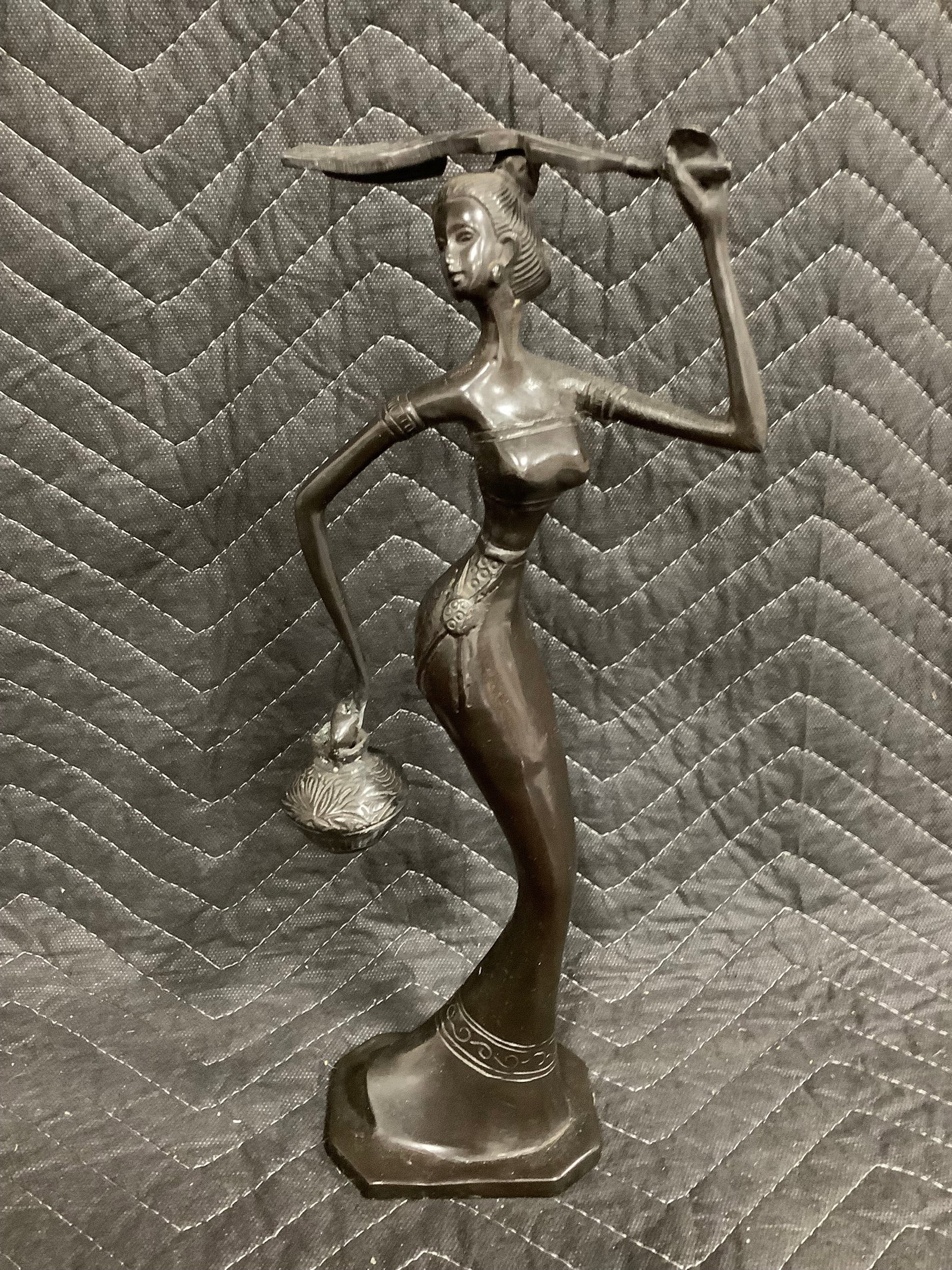 Cast metal lady figurine sculpture with jug/leaf fan(13.5in tall): Cast metal lady figurine sculpture with jug/leaf fan(13.5in tall)