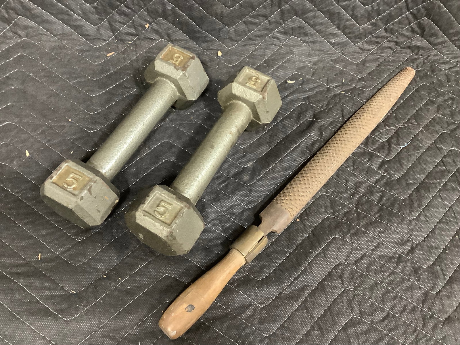 Vintage Wooden Rasp Tool, and 5lb Weights (1 of 1)