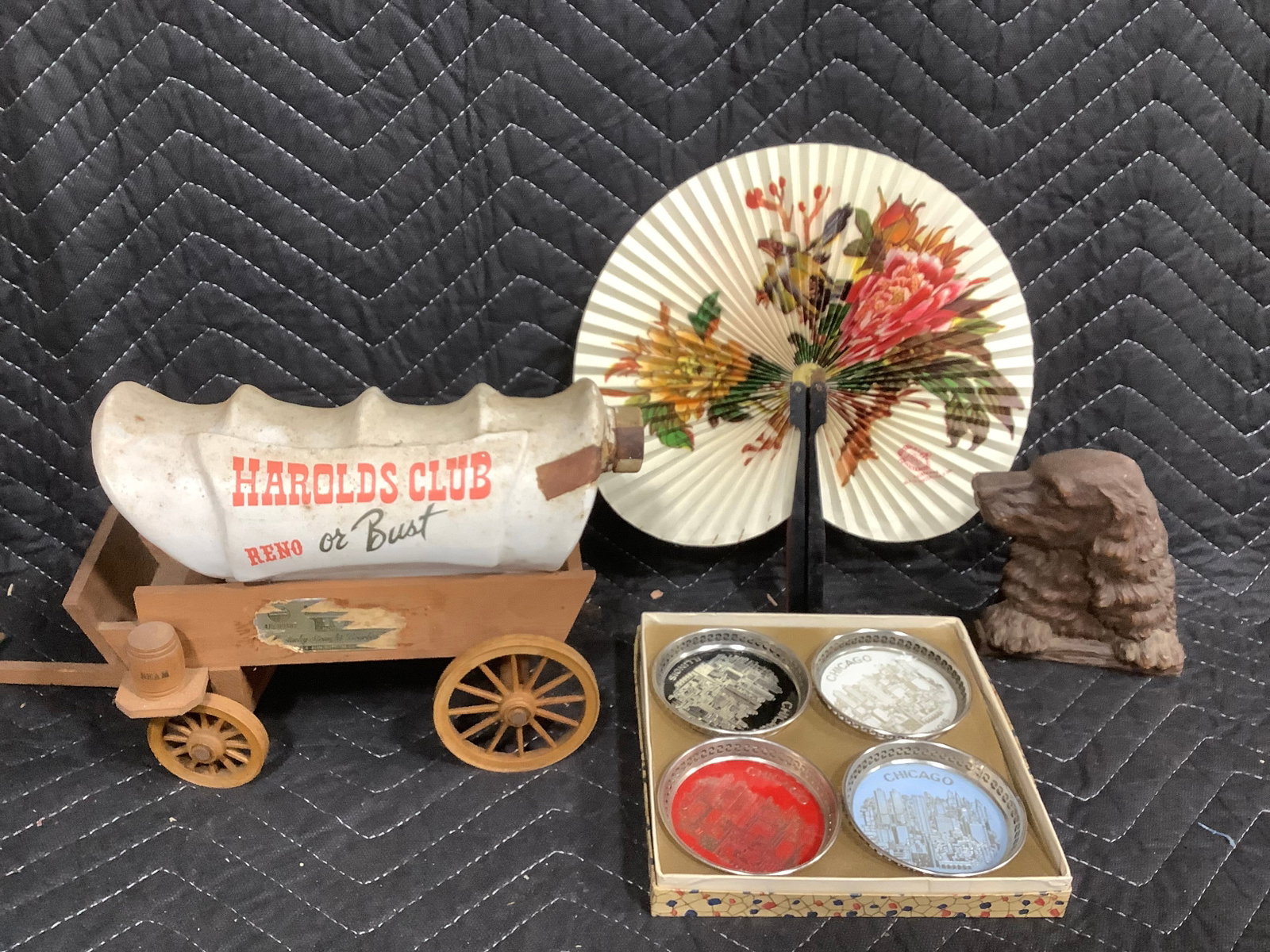 Jim Beam EMPTY Liquor Decanter, Decorative Handfan, Vintage Metal Coasters, and more (1 of 1)
