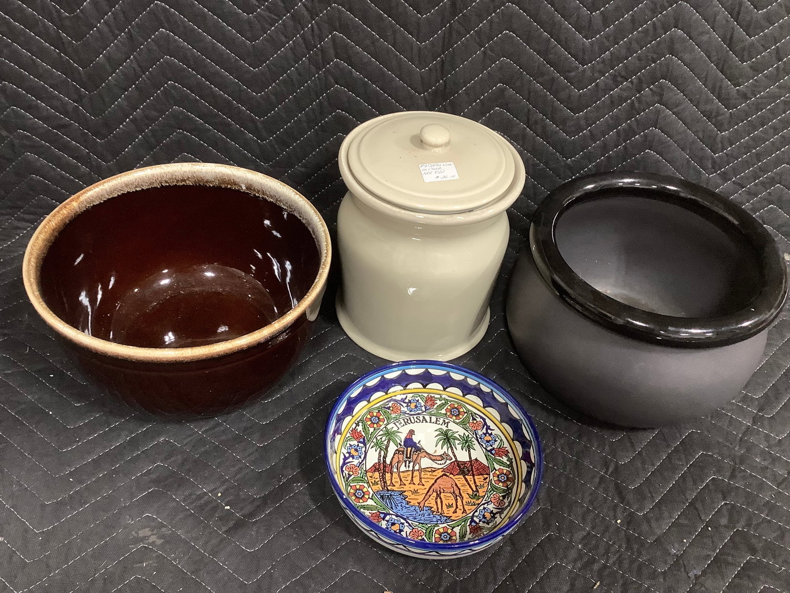 Cookie jar with lid, Jerusalem handpainted bowl, and more (9.5in tallest): Cookie jar with lid, Jerusalem handpainted bowl, and more (9.5in tallest)
