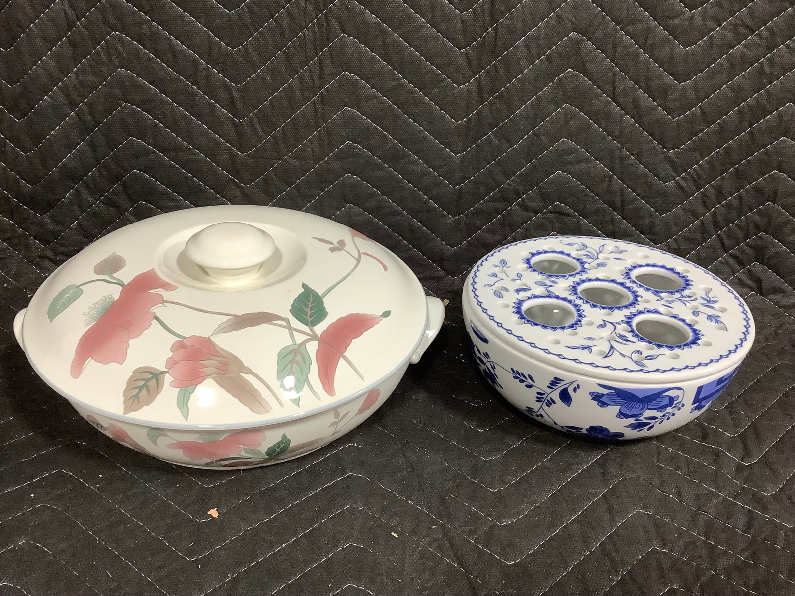 Mikasa Lidded Ceramic Bowl, and MMA Ceramic Flower Frog (Tallest - 5in): Mikasa Lidded Ceramic Bowl, and MMA Ceramic Flower Frog (Tallest - 5in)