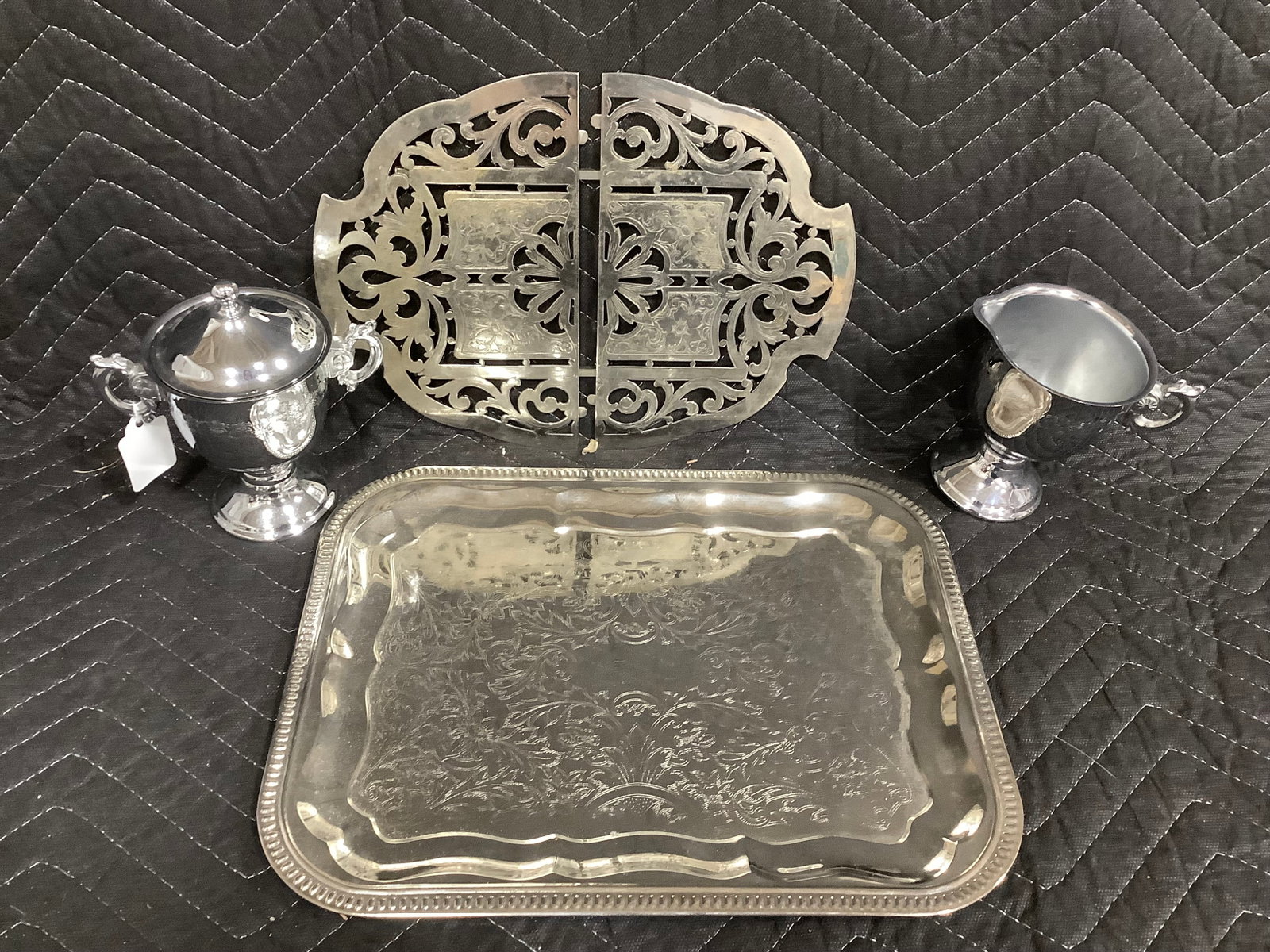 Stainless steel sugar/creamer set, chrome tray(10inx13in), and more: Stainless steel sugar/creamer set, chrome tray(10inx13in), and more