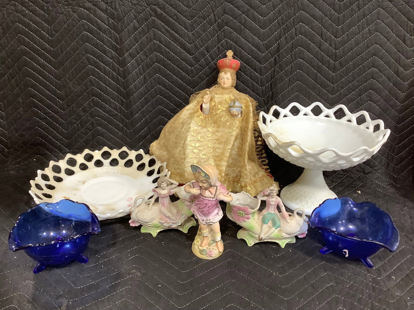 Milk Glass Compote/Dish, Ceramic Planters, Blue Glass Bowls and more (Tallest - 13.5in) (1 of 1)