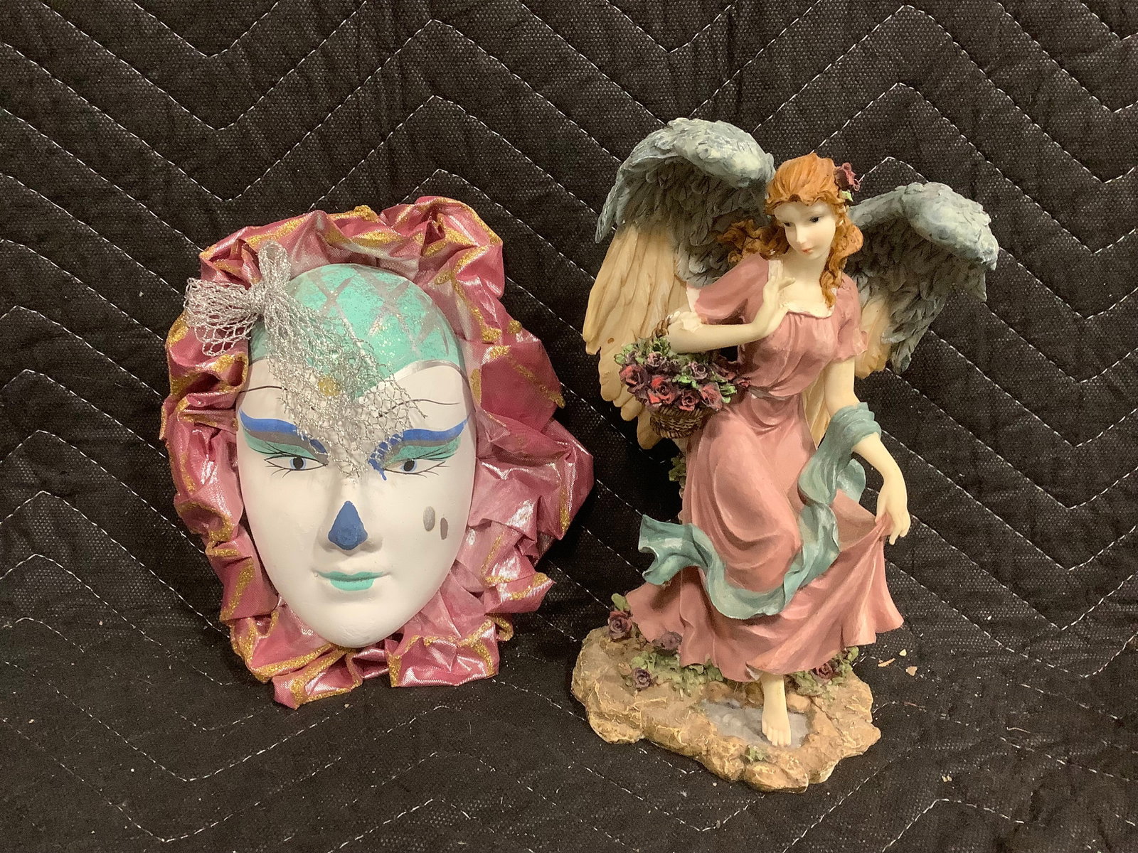 Ceramic Handpainted Mask, and Fairy Figurine (Tallest - 8.5in): Ceramic Handpainted Mask, and Fairy Figurine (Tallest - 8.5in)
