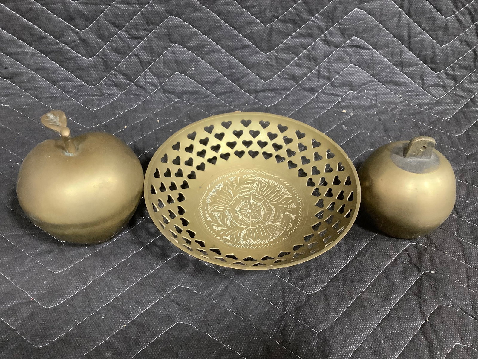 Brass Apple, Brass Bell, and Brass Dish with Heart Cutouts (1 of 1)