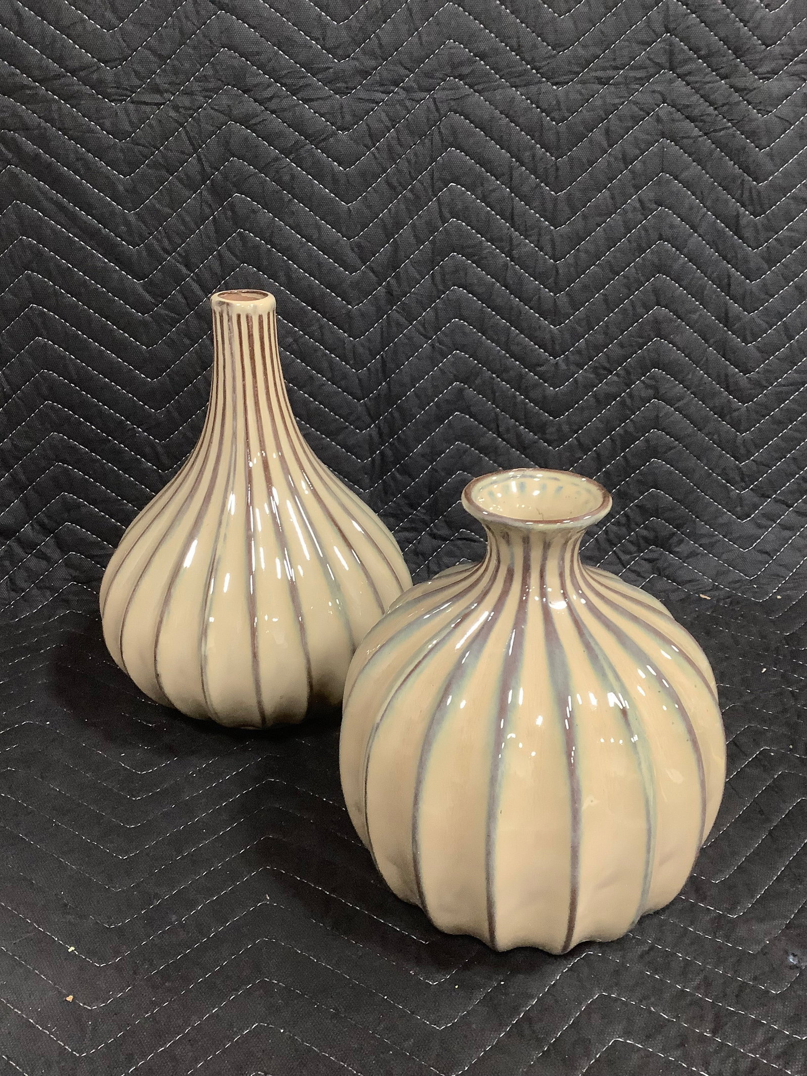 Cream colored ribbed bulbous ceramic vases(tallest 11.5in) (1 of 1)