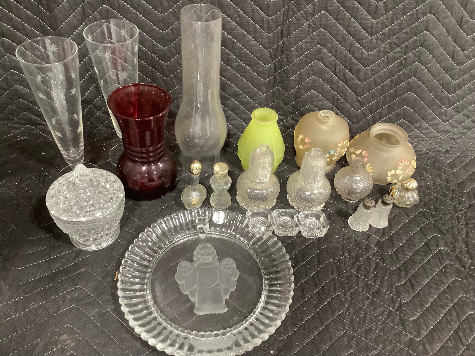 Various Glasses, Red Glass Vase, Lidded Crystal Candy Dish, and other Glass(Tallest - 10.5in): Various Glasses, Red Glass Vase, Lidded Crystal Candy Dish, and other Glass(Tallest - 10.5in)